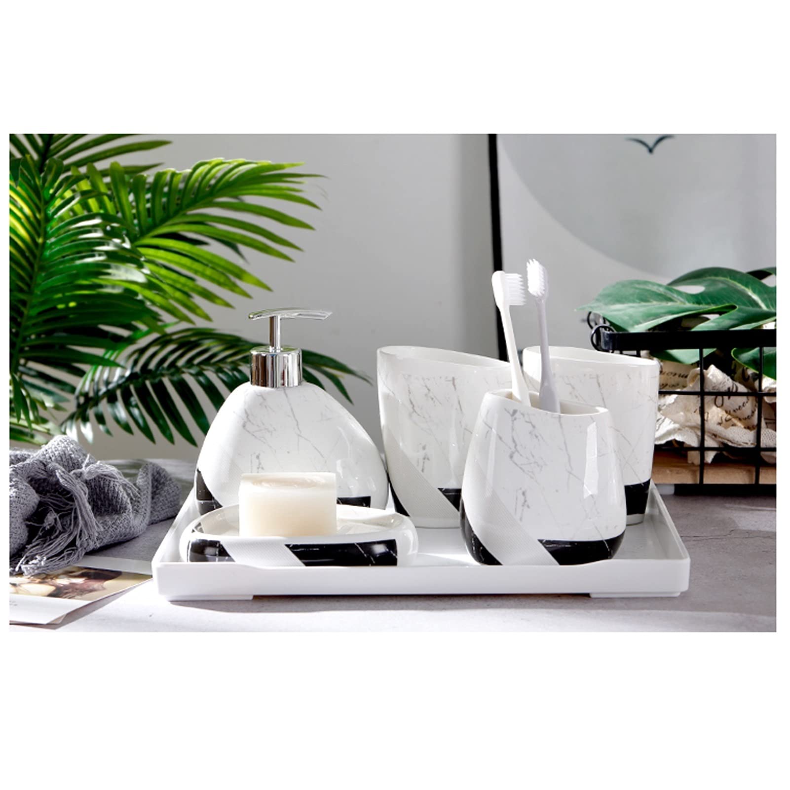 Refillable Ceramic Hand Soap Dispenser Set - Elegant Liquid Soap & Lotion Bottle for Bathroom, Kitchen & Hotel Use | Includes Soap Dish, Toothbrush Holder & Cotton Swab Organizer | Perfect for Home, Spa & Guest Bathroom Essentials
