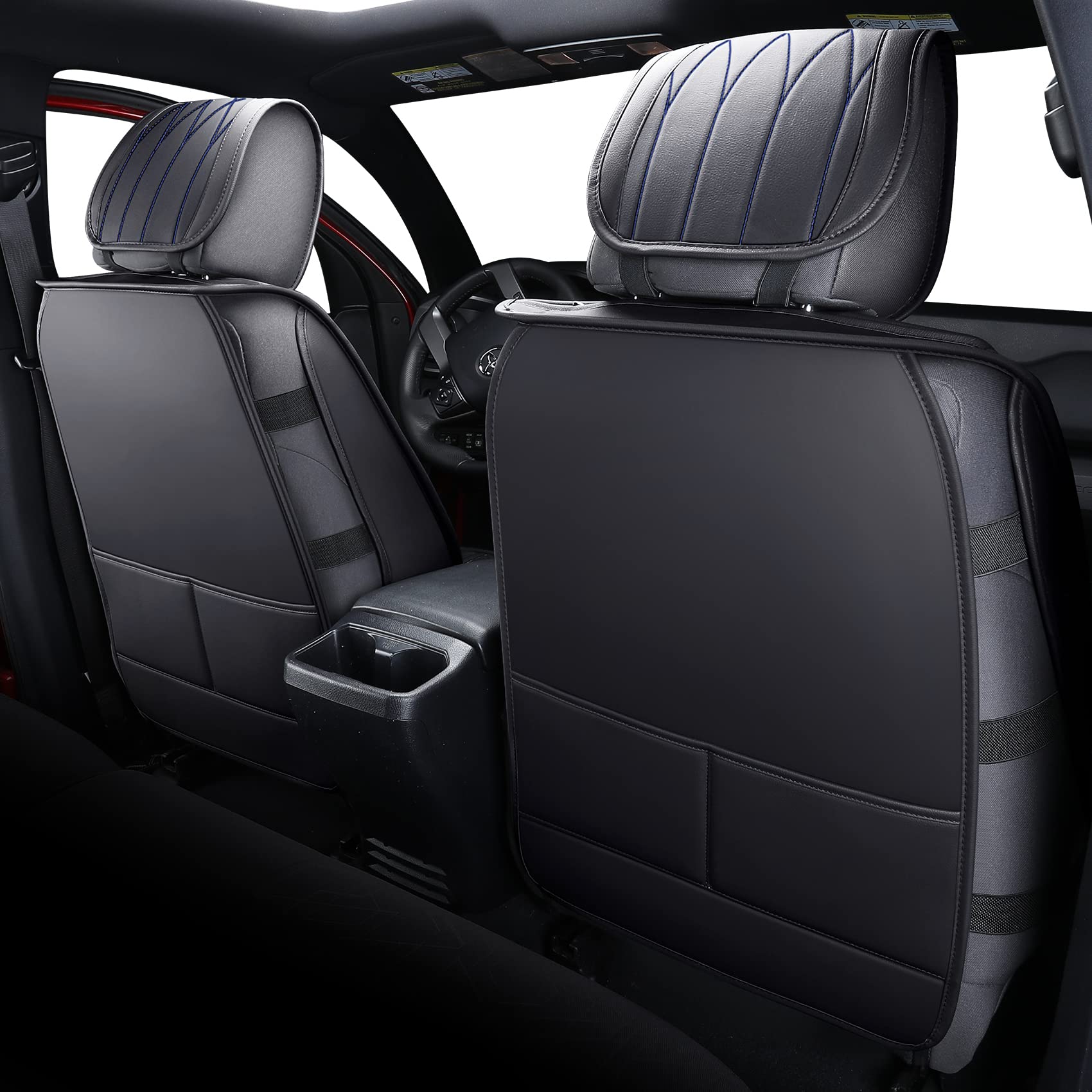 YIERTAI Waterproof Faux Leather Seat Covers for Toyota Tacoma 2005-2025 Models - Compatible with Crew Cab, Double Cab, Access Cab, TRD Off-Road, Limited, SR, SR5 & Trail Edition - 2-Piece Front Set (Black & Blue) - Perfect for Off-Roading, Camping & Daily Driving Protection