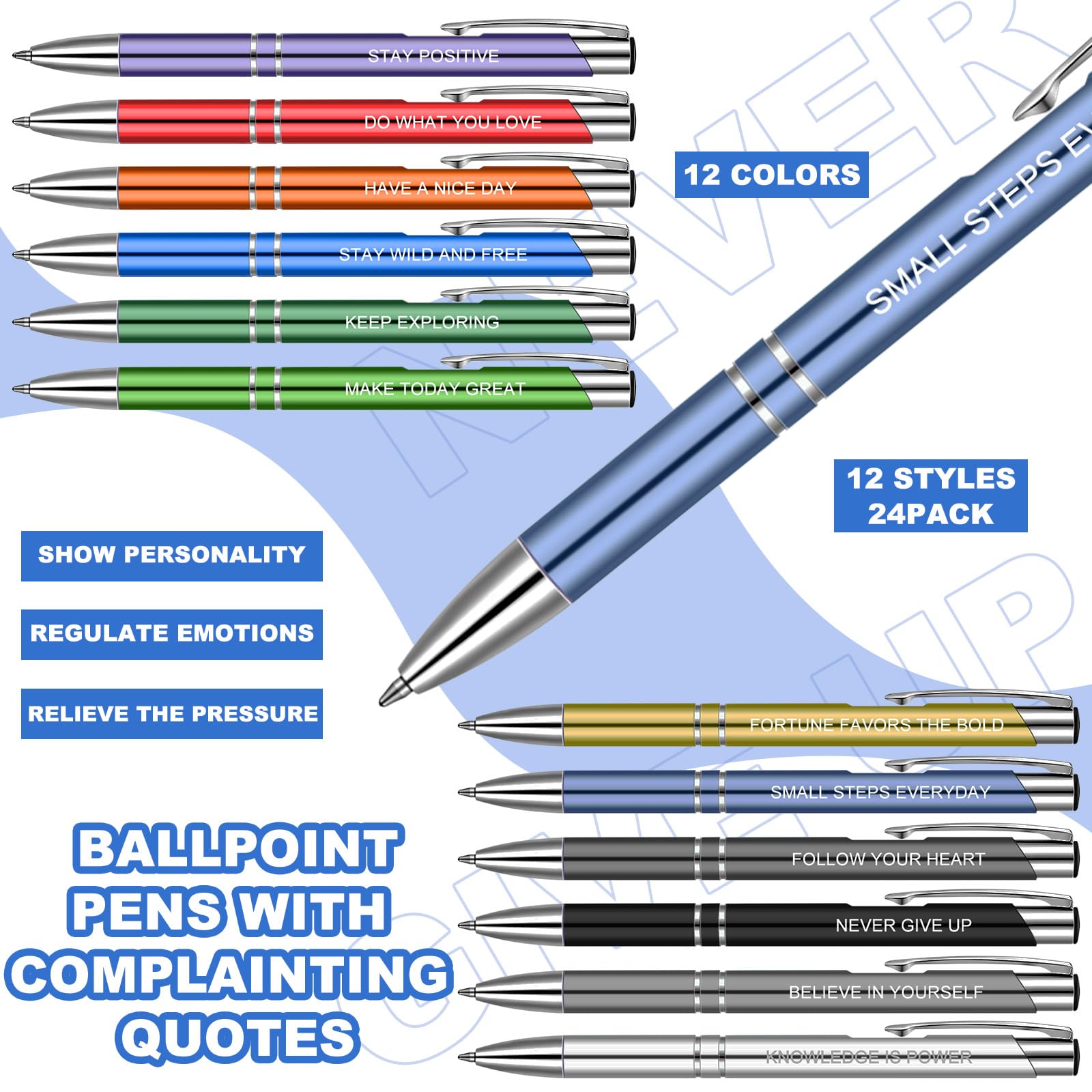 24 Pack Motivational Pens Bulk - Inspirational Quote Ballpoint Pens for Women, Coated Metal Personalized Office & School Supplies (12 Styles) - Perfect for Gifts, Encouragement Notes & Daily Writing