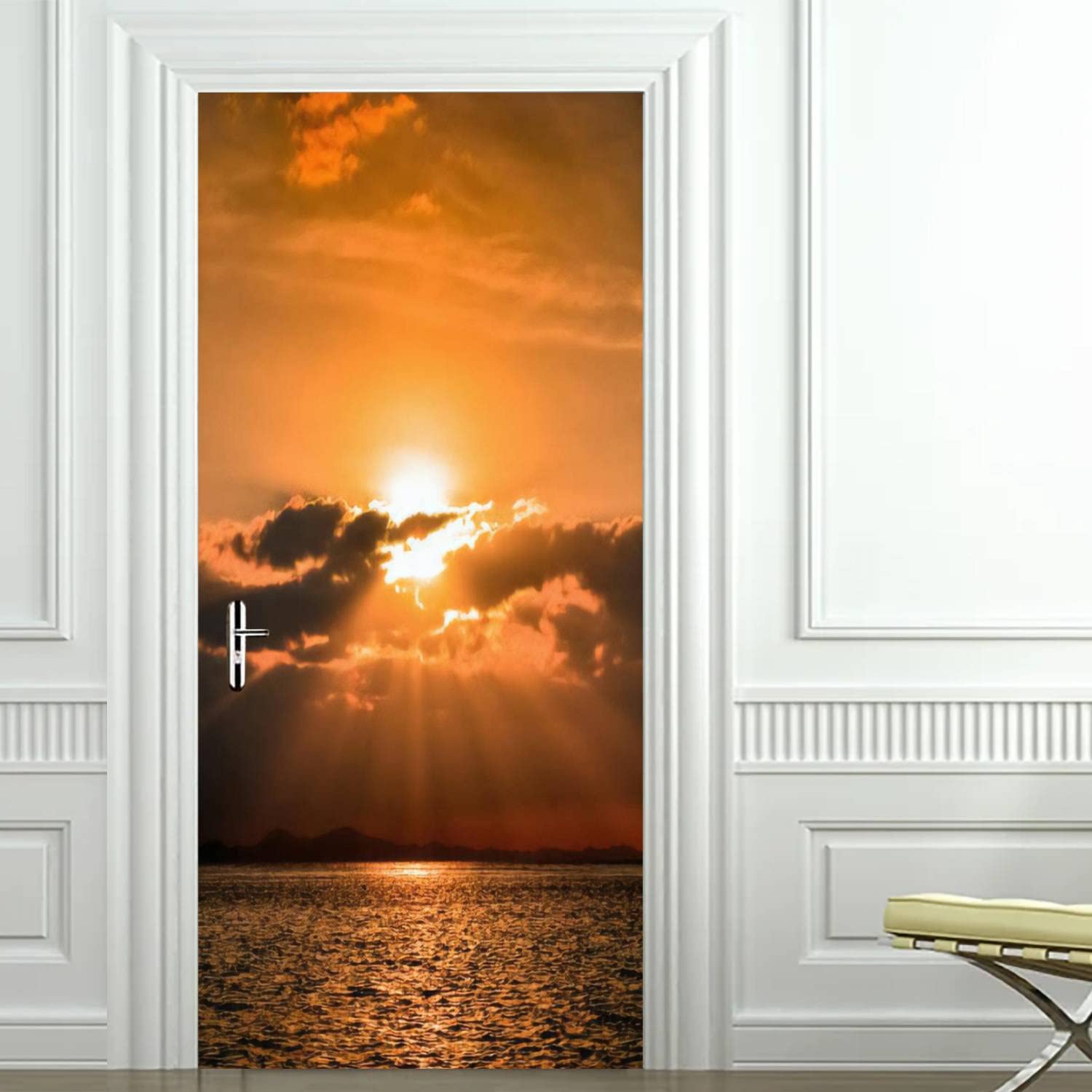 3D Sunset Sea View Island Door Decal - Self-Adhesive Removable Wall Sticker for Bedroom & Home Decor (30.3