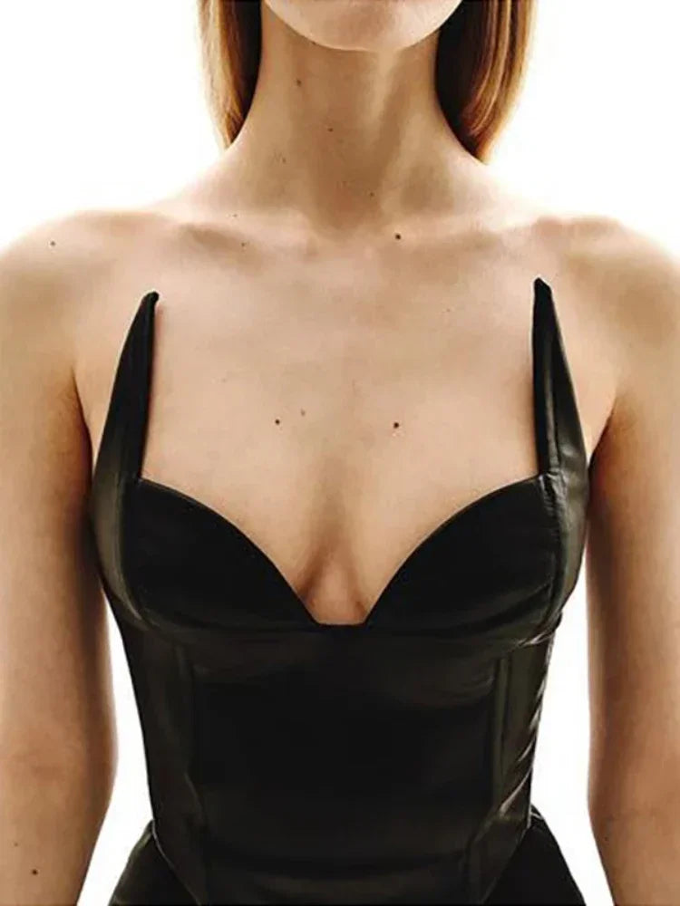 Sexy Black PU Leather Corset Top for Women - Strapless Backless Deep V Crop Top | Gothic Cyber Punk Bustier | Perfect for Club Wear, Costume Parties & Fashion Photography