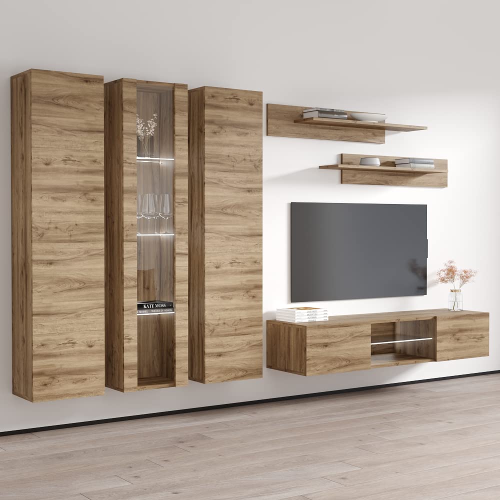 Modern Floating TV Stand with Storage & LED Lights - Wall-Mounted Entertainment Center for Living Room & Bedroom - Oak Wood TV Console with Shelves - Perfect for Small Spaces & Home Theater Setup