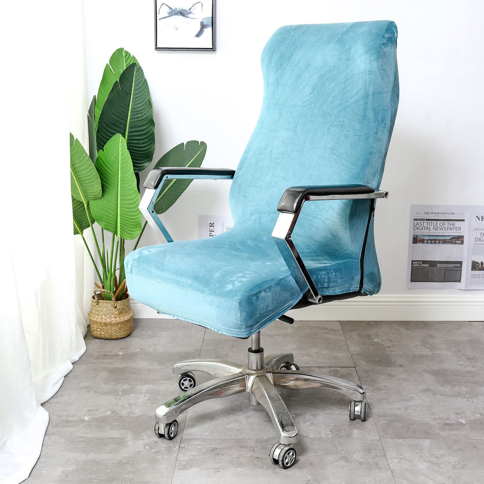 Velvet Plush Stretch Office Chair Cover - Soft Removable Rotating Chair Slipcover with Durable Zipper, Universal Armchair Protector for Home & Office (Blue, Medium) - Perfect for Ergonomic Support and Workspace Decor