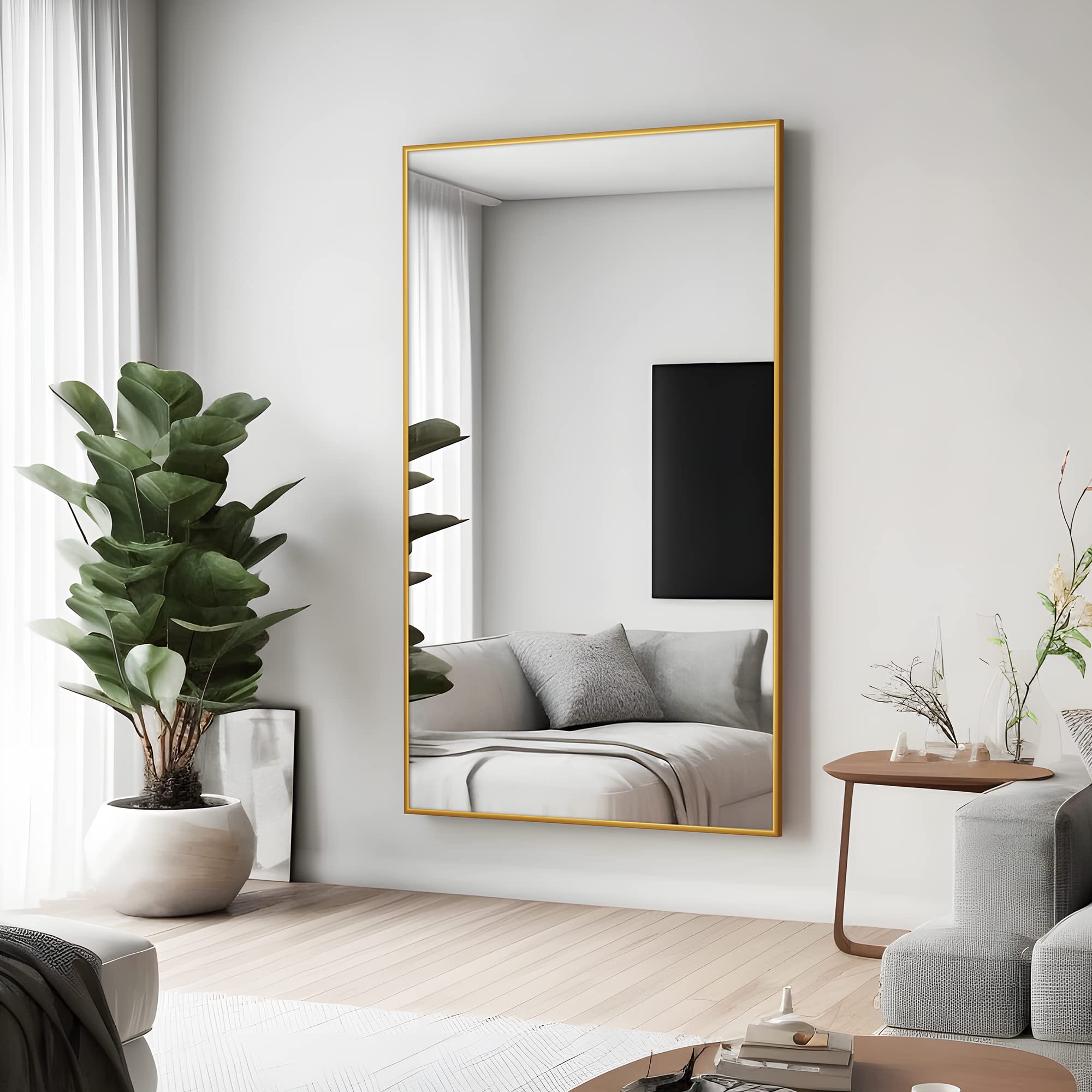 NeuType Full Length Mirror 52x32 Inches - Wall Mounted or Freestanding Floor Mirror for Bedroom & Dressing Room - Slim Aluminum Alloy Gold Frame - Perfect for Home Decor, Outfit Checks & Selfie Background
