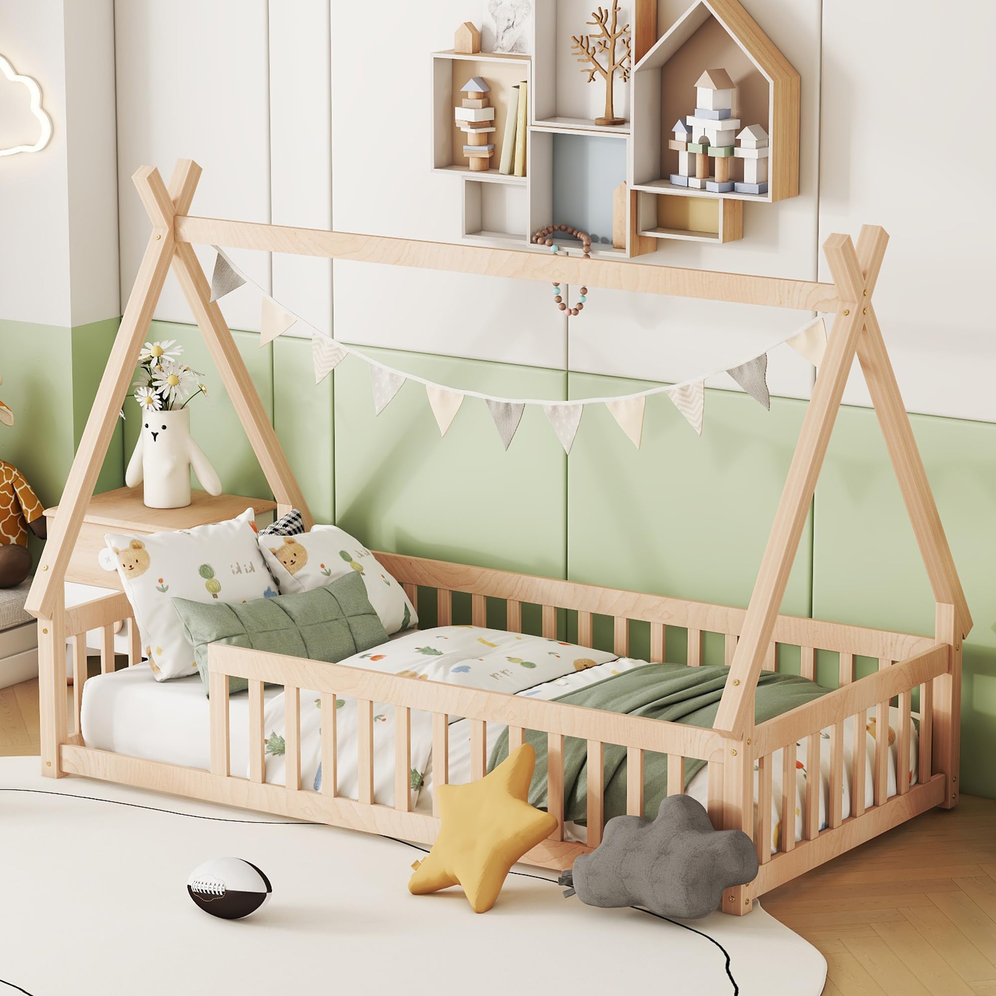 Montessori Floor Bed for Kids - Twin Size Teepee Tent Bed with Slats & Safety Rails, Natural Wood House Bed Frame for Boys & Girls | Perfect for Montessori Rooms, Playrooms & Cozy Bedtime Reading Nooks