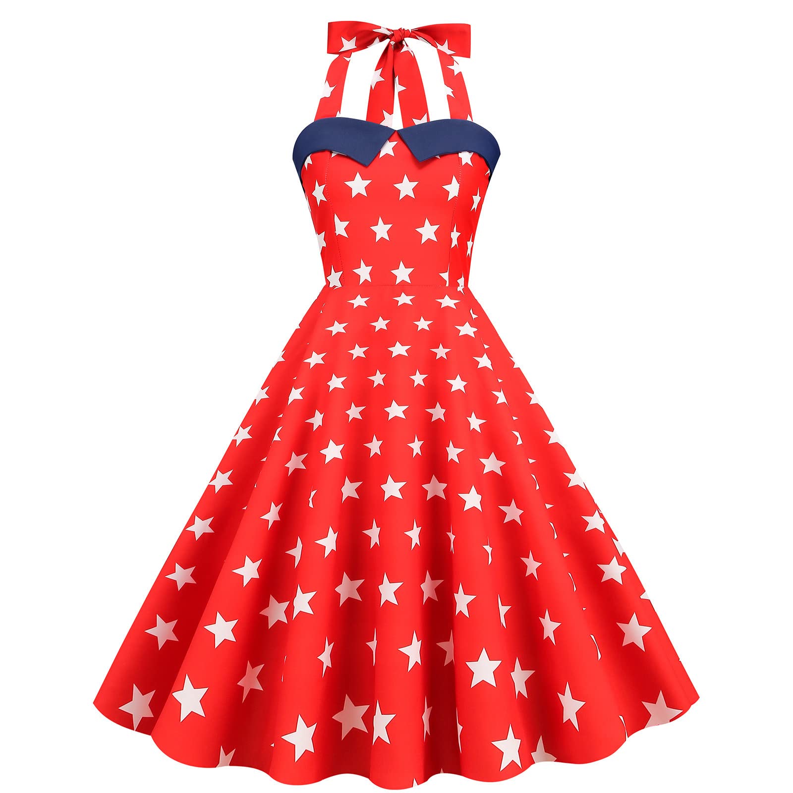 Women's Summer Sleeveless Halter Maxi Dress - Retro Rockabilly Style with Stars Print - Casual Long Dress for Beach, Party & Vacation Wear