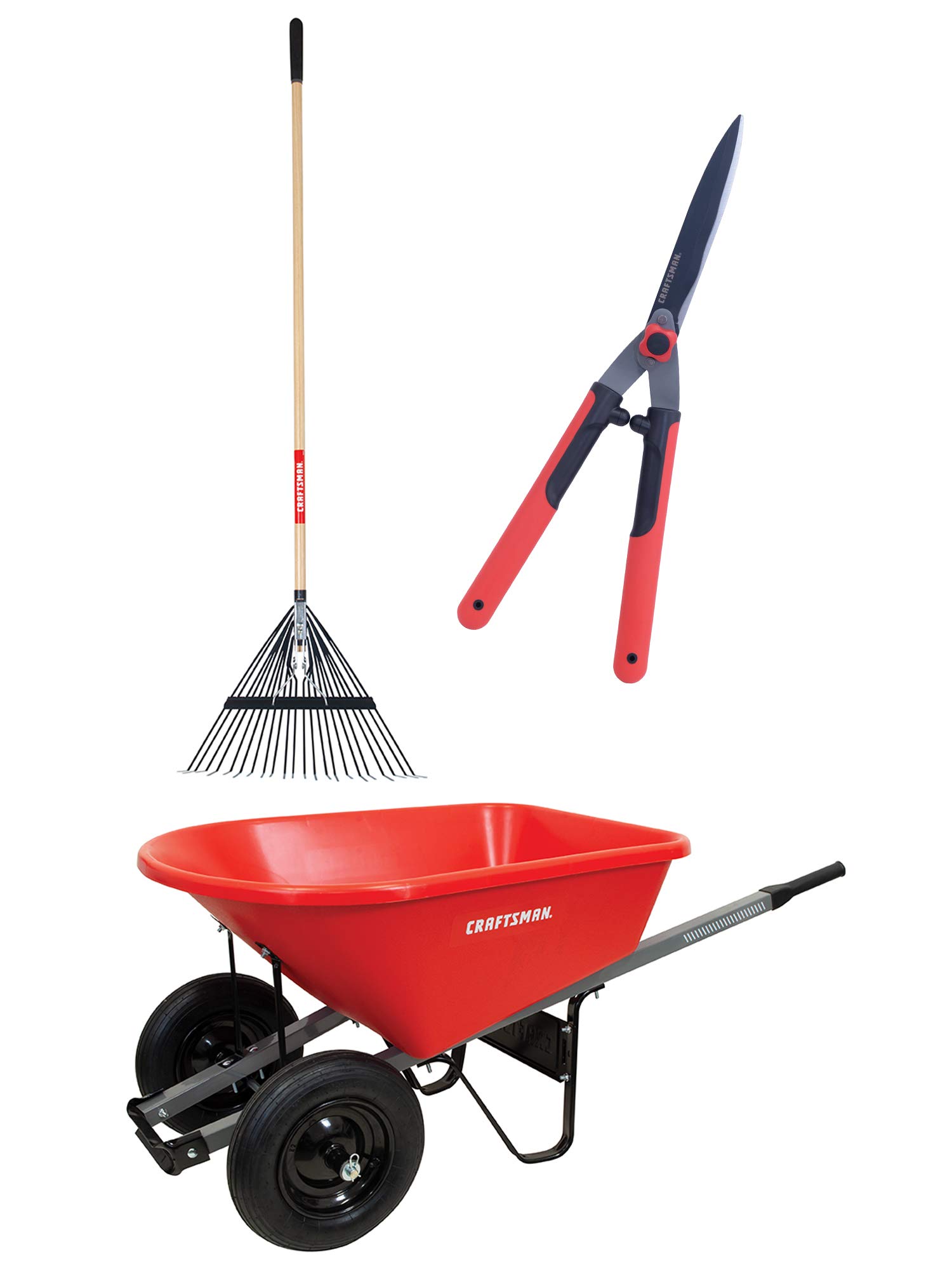 CRAFTSMAN CMXMKIT0190 3-Piece Leaf Clean-Up Set - Wavy Blade Hedge Shears, 22-Tine Wood Handle Lawn Rake & 6 Cu. Ft. Poly Tray Wheelbarrow (Red) - Perfect for Yard Work, Gardening, and Fall Leaf Cleanup
