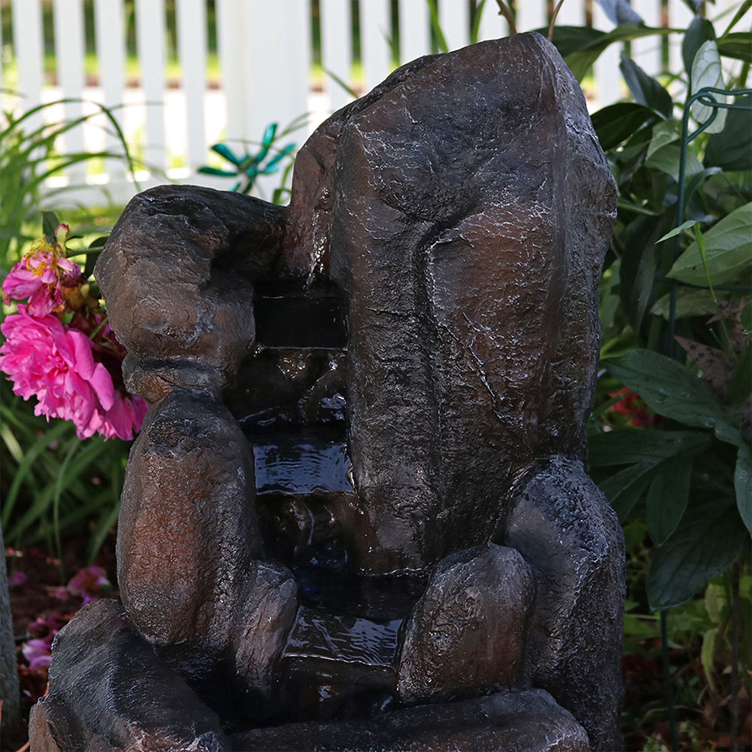 Sunnydaze Rock Falls 22-Inch Solar Fountain with Battery Backup & LED Lights - Submersible Water Pump - Durable Polyresin & Fiberglass Design - Perfect for Garden, Patio, and Outdoor Decor