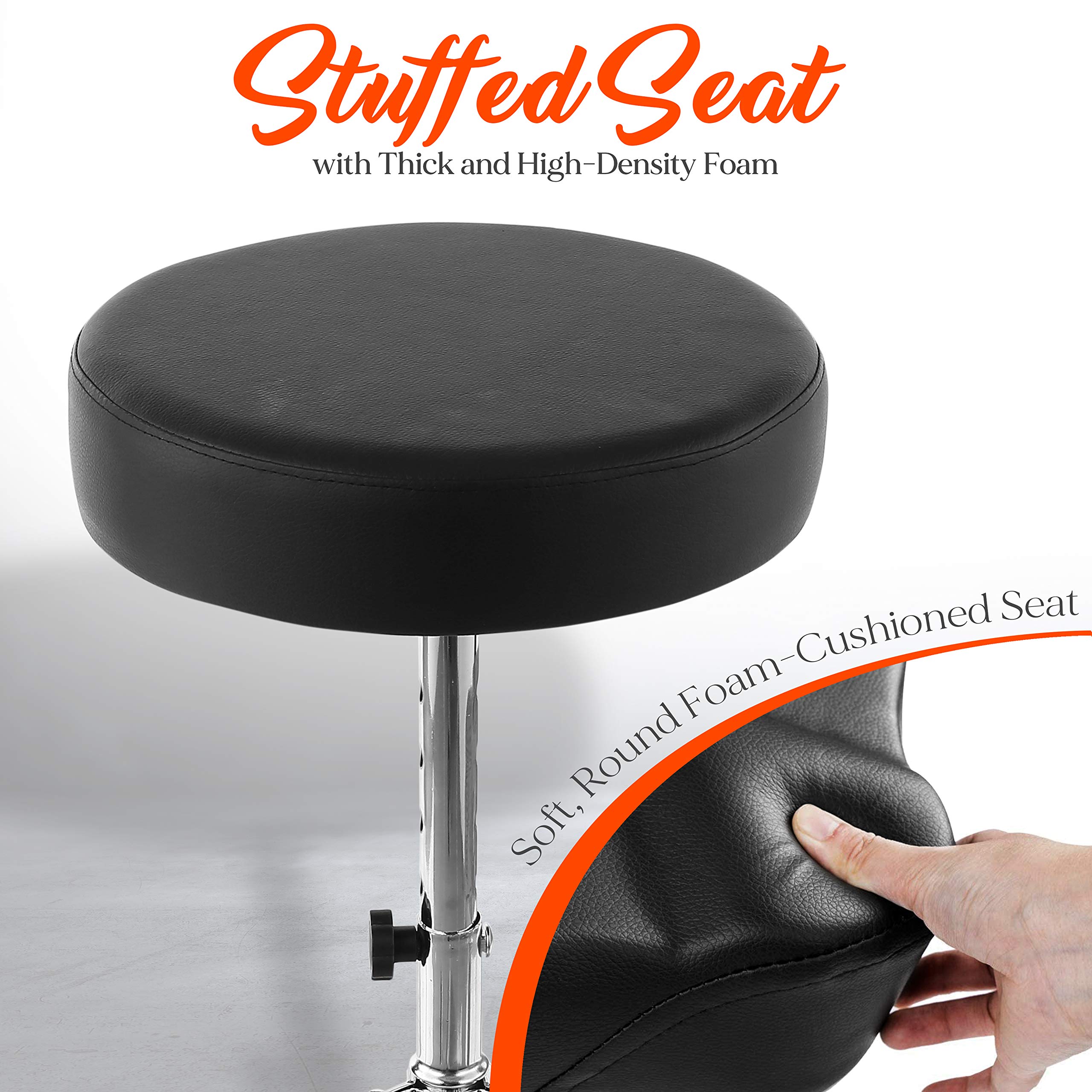 Pyle Adjustable Drum Throne Stool - Heavy Duty Double-Braced Tripod Base, Thick Foam Cushioned Seat, Non-Slip Rubber Feet, Foldable Steel Frame - Perfect for Drummers, Guitarists & Keyboard Players in Studio, Live Performances & Home Practice (21.25