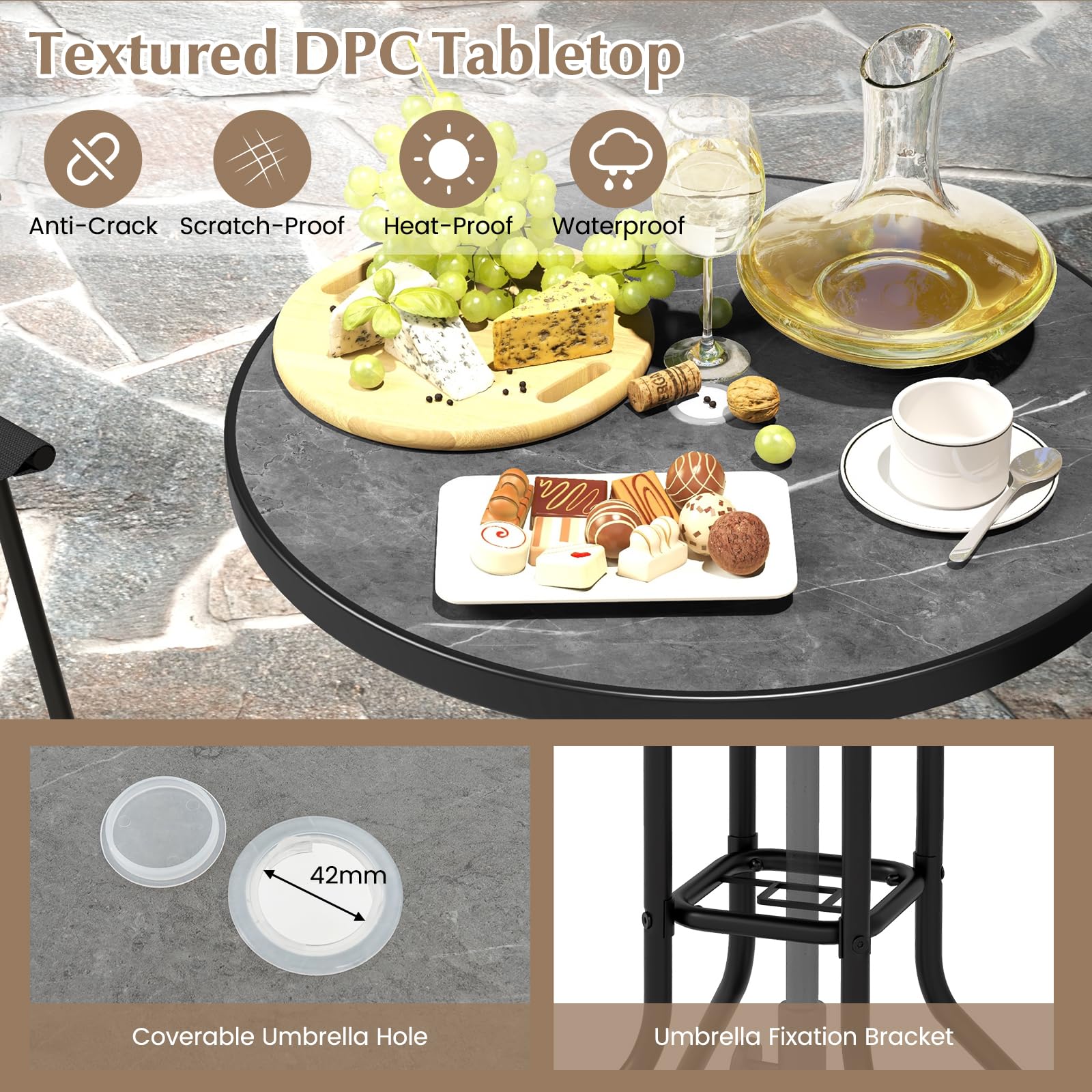COSTWAY 3-Piece Outdoor Bistro Set with DPC Tabletop & Umbrella Hole - Round Patio Table & 2 Folding Bar Stools - Perfect for Poolside, Deck, Porch, Garden or Backyard Dining - Black