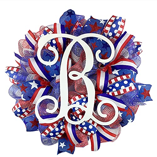 Patriotic Monogram Red White and Blue Wreath - Front Door Decor for Independence Day & July 4th (Letter A) | Perfect for Outdoor Holiday Decorations, Memorial Day & Summer Celebrations