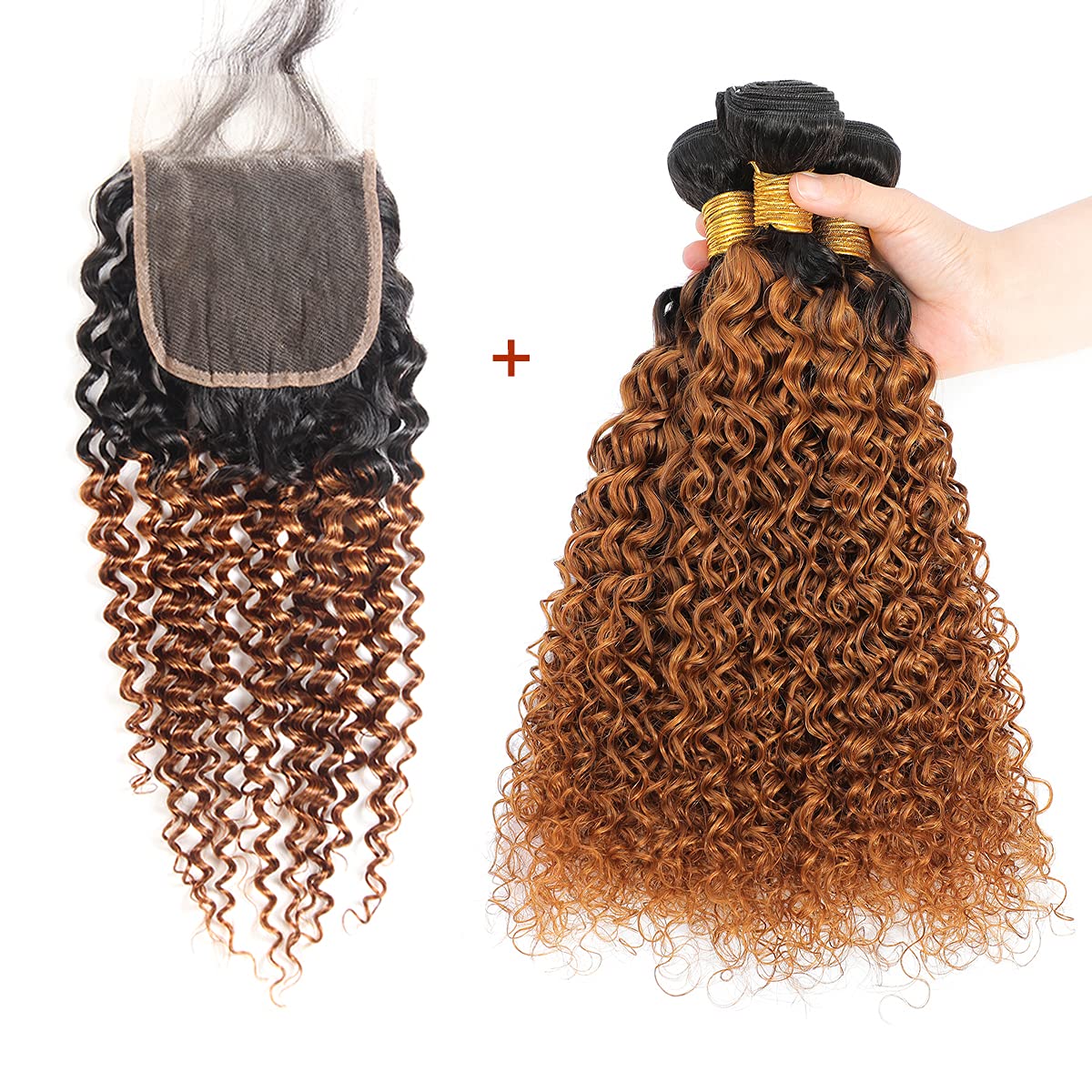 Kinky Curly Human Hair Bundles with Closure 16-20 Inch | Ombre 1B30 Brazilian Virgin Hair | 4x4 Swiss Lace Closure | Perfect for Protective Styles & Natural Hair Extensions | Great for Weddings, Parties & Daily Wear