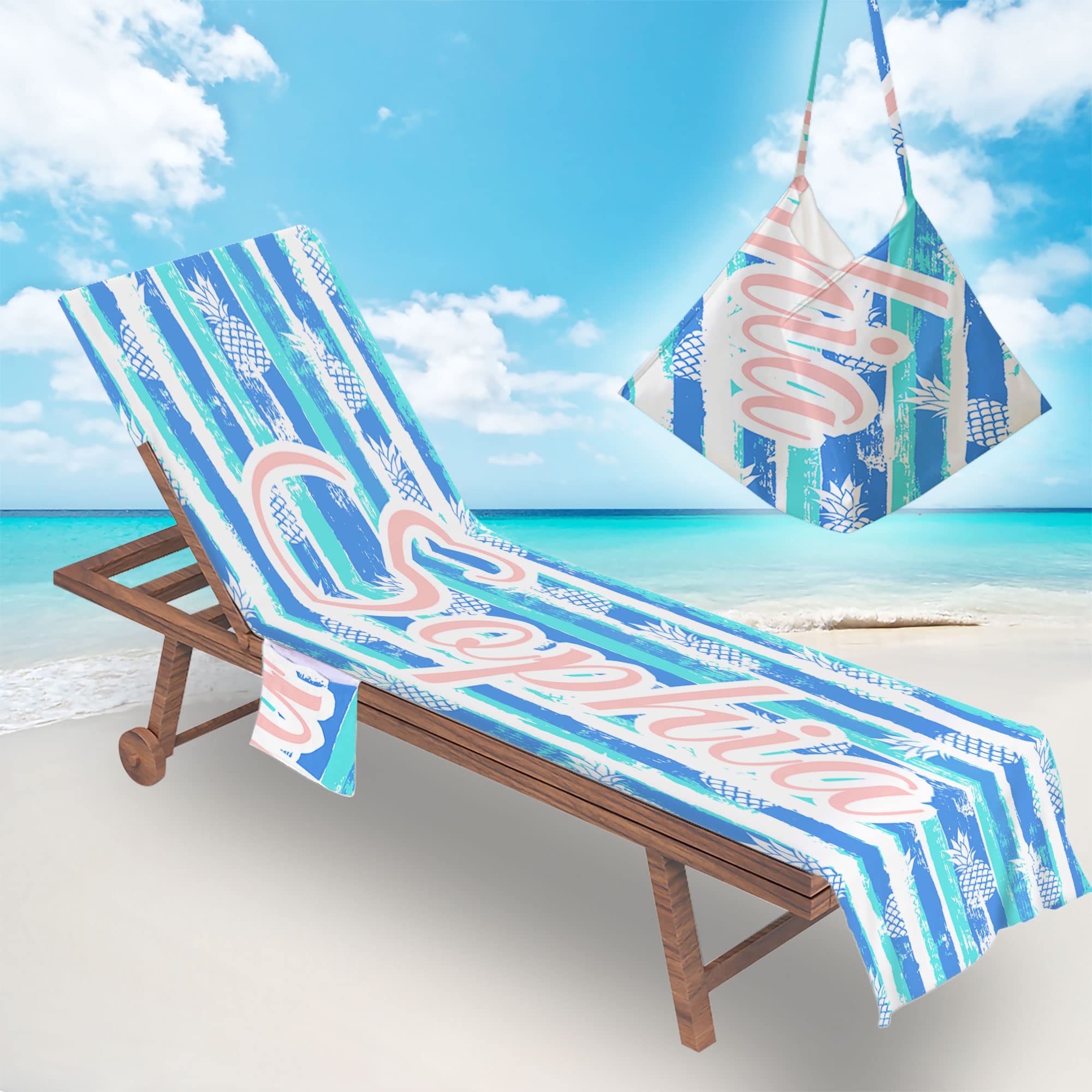Custom Personalized Beach Chair Cover with Side Pockets - Thick Quick-Dry Chaise Lounge Towel Cover for Pool, Garden, Beach & Hotel - Pineapple Design (82.6
