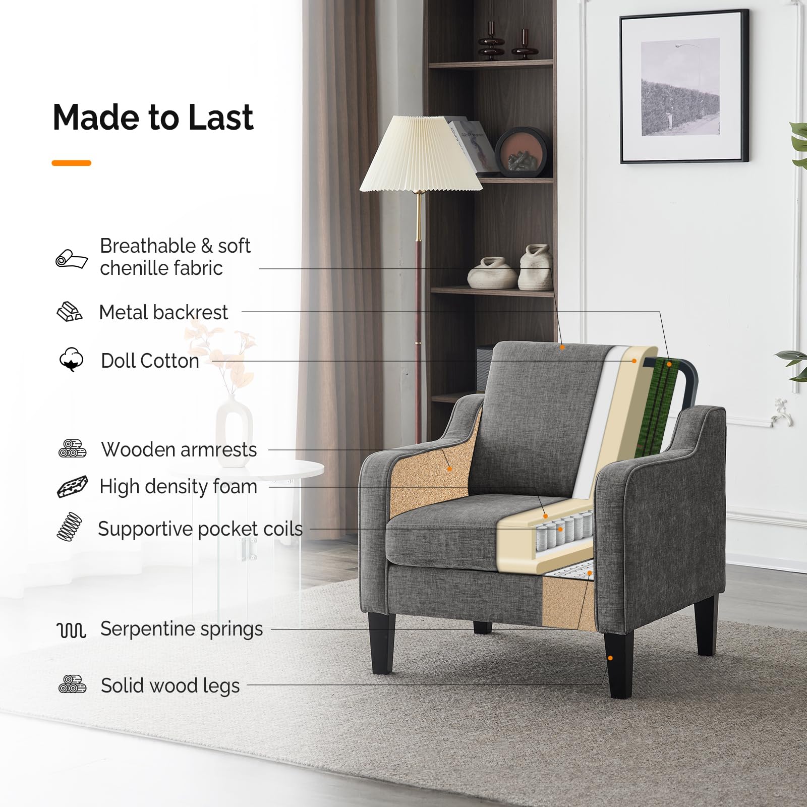 VINGLI Mid Century Modern Accent Chair - Soft Chenille Upholstered Armchair for Living Room, Bedroom, Office - Comfortable Reading Chair & Side Chair in Light Grey (Perfect for Relaxing, Lounging & Home Decor)