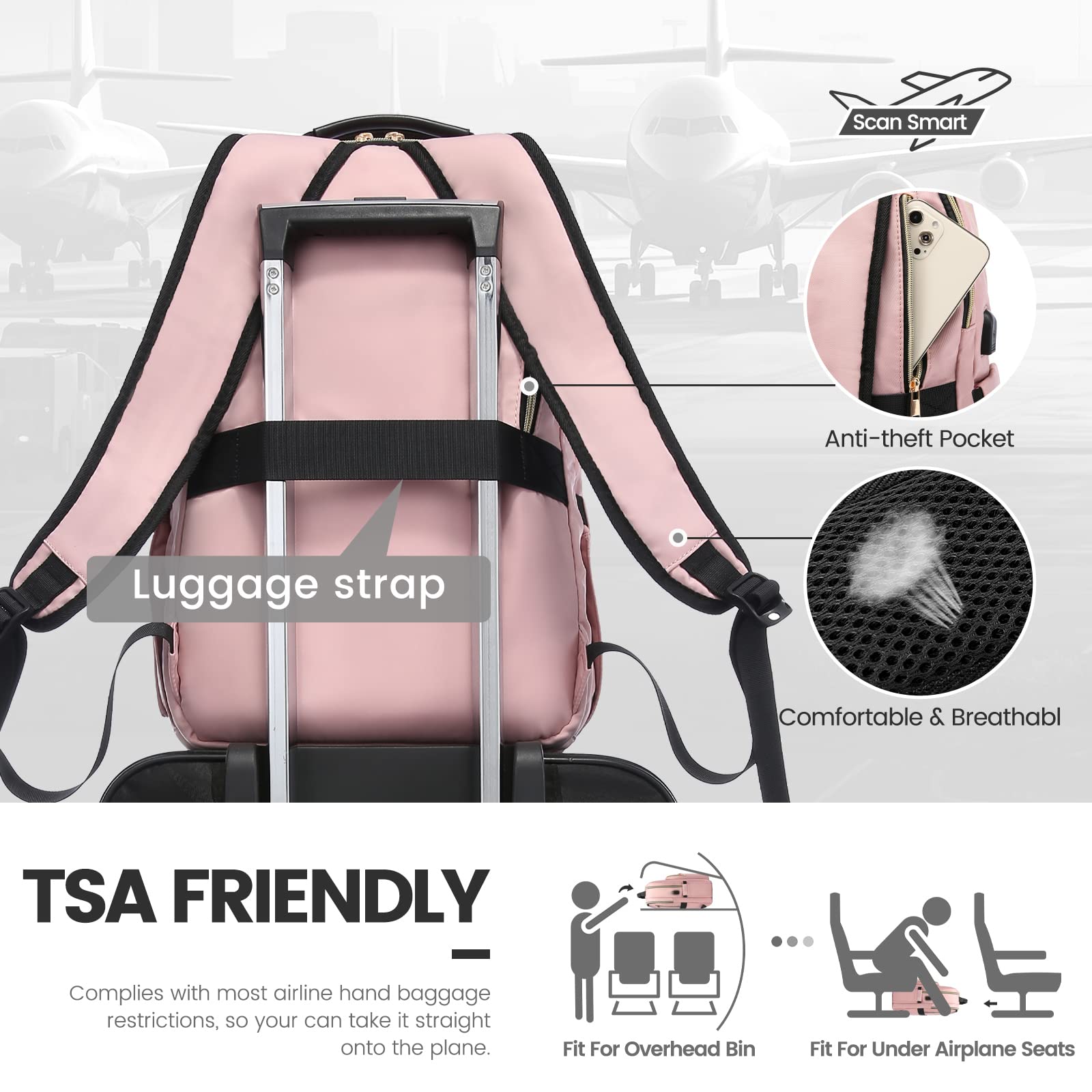 LOVEVOOK 17.3 Inch Laptop Backpack for Women - Stylish Waterproof Travel Backpack with USB Port, Professional Work Bag for Business, College, Teacher, and Everyday Use, Pink