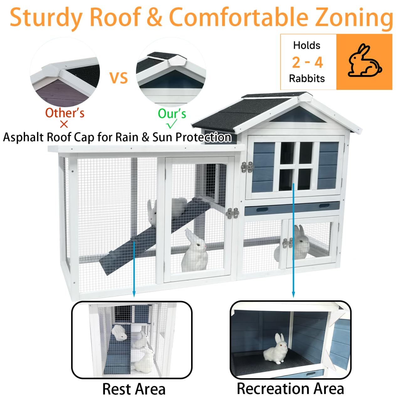 Weatherproof Large Outdoor Rabbit Hutch & 2-Story Chicken Coop - Wooden Bunny Cage with Waterproof Roof, No-Leak Tray & Pull-Out Tray (56.8
