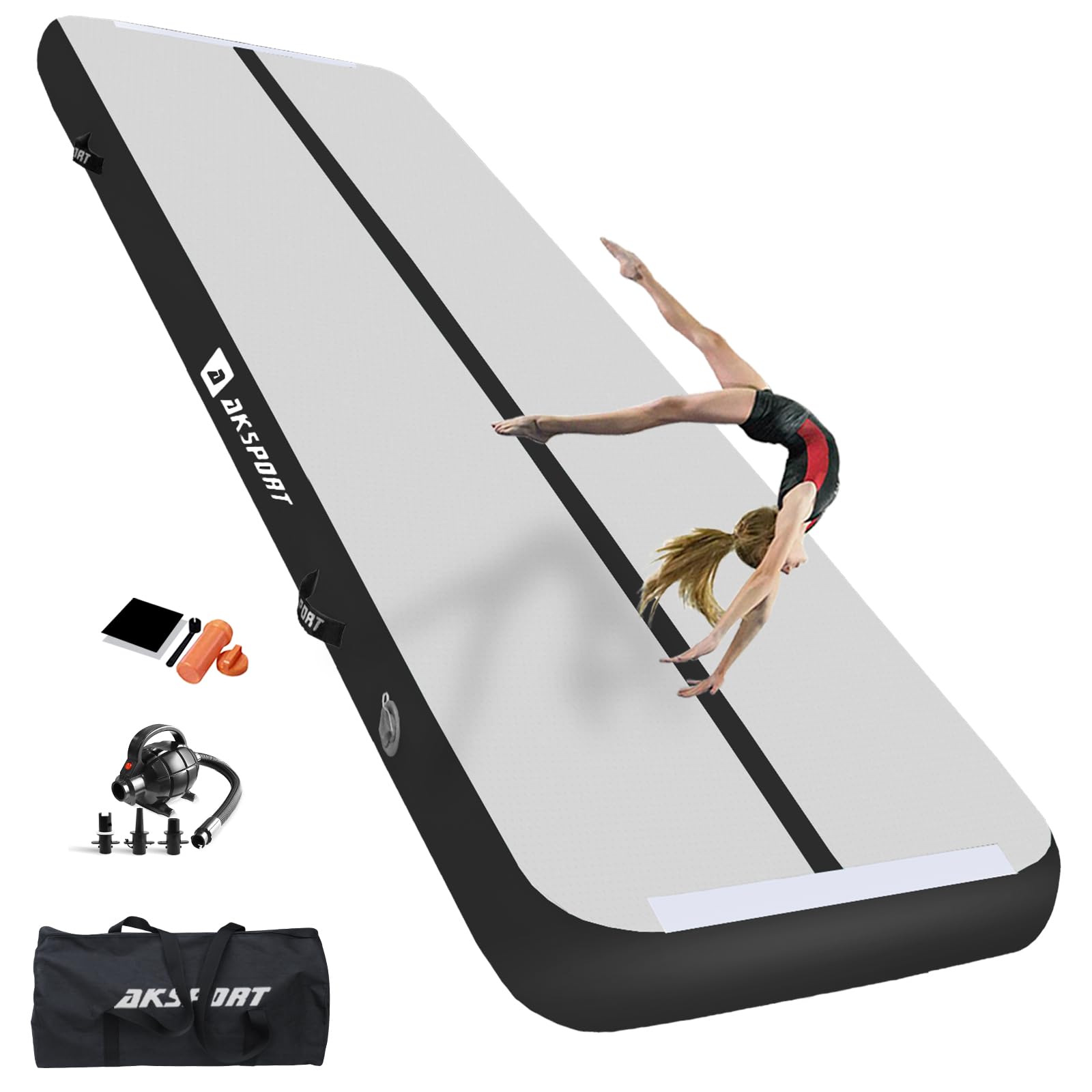AKSPORT Inflatable Gymnastics Air Mat - Portable Tumble Track & Tumbling Floor Mat with Air Pump for Home, Gym, Training | Perfect for Cheerleading, Parkour, Beach, Park & Water Activities | Indoor & Outdoor Use