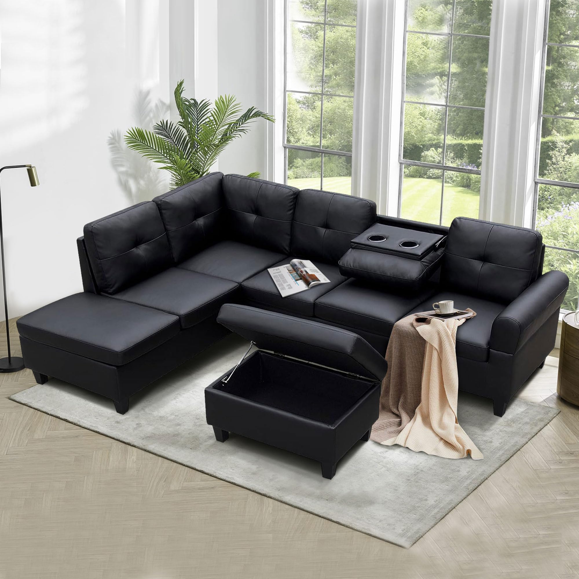 EMKK Modern L-Shaped Sectional Sofa with Chaise Lounge & Sleeper - 6-Seater Big Sofa Bed for Living Room, Includes Storage Ottoman & Removable Washable Cushions (Black) - Perfect for Family Gatherings, Movie Nights & Small Space Living