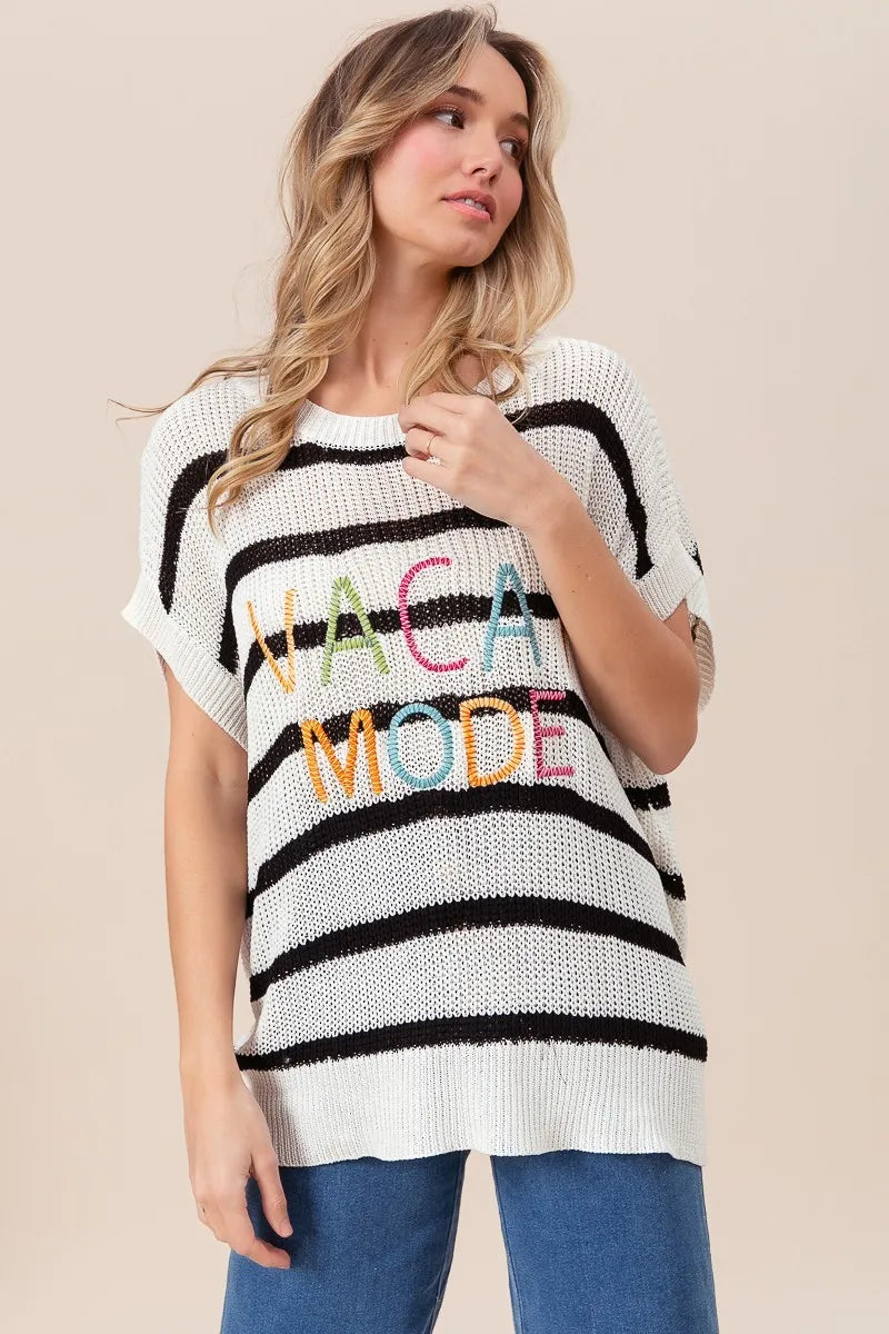 BiBi Vacay Mode Lettering Drop Shoulder Striped Sweater - Women's Casual Oversized Pullover for Beach Vacation, Travel & Cozy Fall Outfits