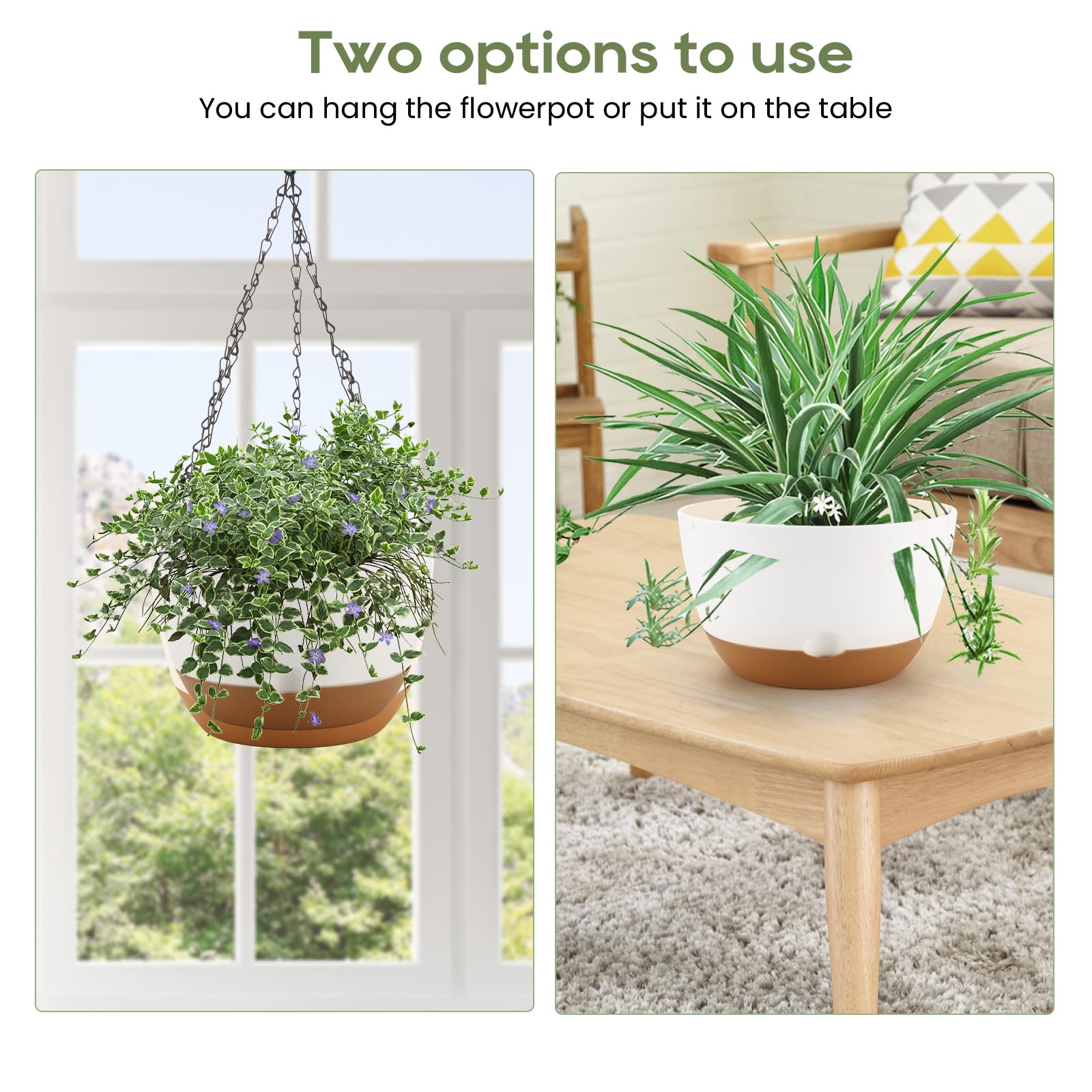 10 Inch Self Watering Hanging Planters (2 Pack) - White Flower Pots with Drainage Holes, Saucers & Macrame Rope Hangers for Indoor Outdoor Garden, Patio, Balcony Decor