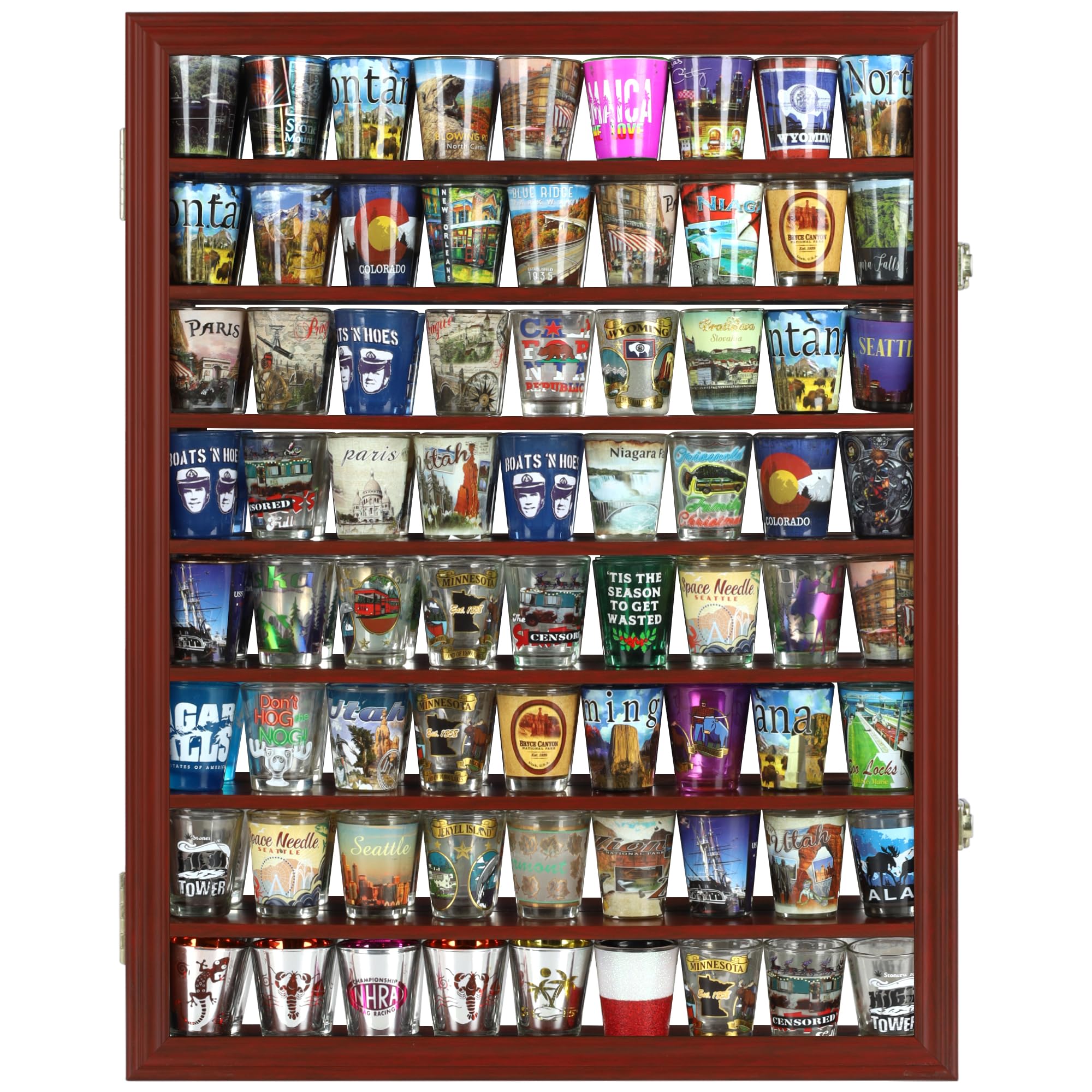Solid Wood Shot Glass Display Case with UV Protection Acrylic Door & Mirror Back - Lockable Wall Cabinet for Shot Glass Collection (Cherry Finish) - Perfect for Home Bars, Man Caves, and Whiskey Enthusiasts