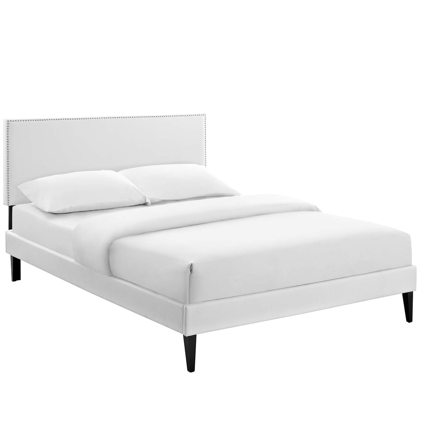 Modway Macie White Faux Leather Upholstered Full Size Platform Bed Frame with Tapered Legs - Modern Bedroom Furniture for Small Spaces & Guest Rooms