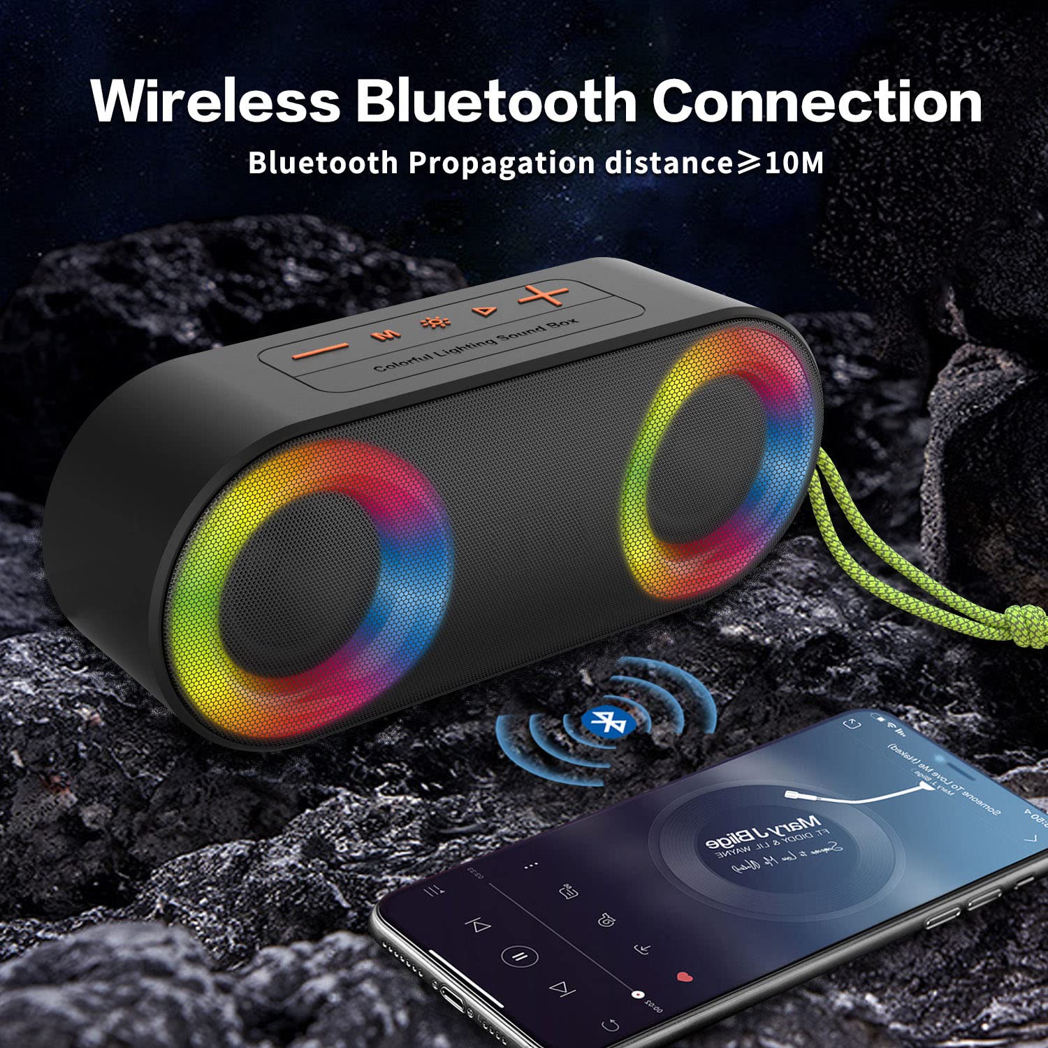 TOMPROAD Waterproof Bluetooth Speaker with LED Lights, Wireless Stereo Sound, Rich Bass, FM Radio & RGB Lights - Perfect for Shower, Travel, Camping, Pool Party & Home Use