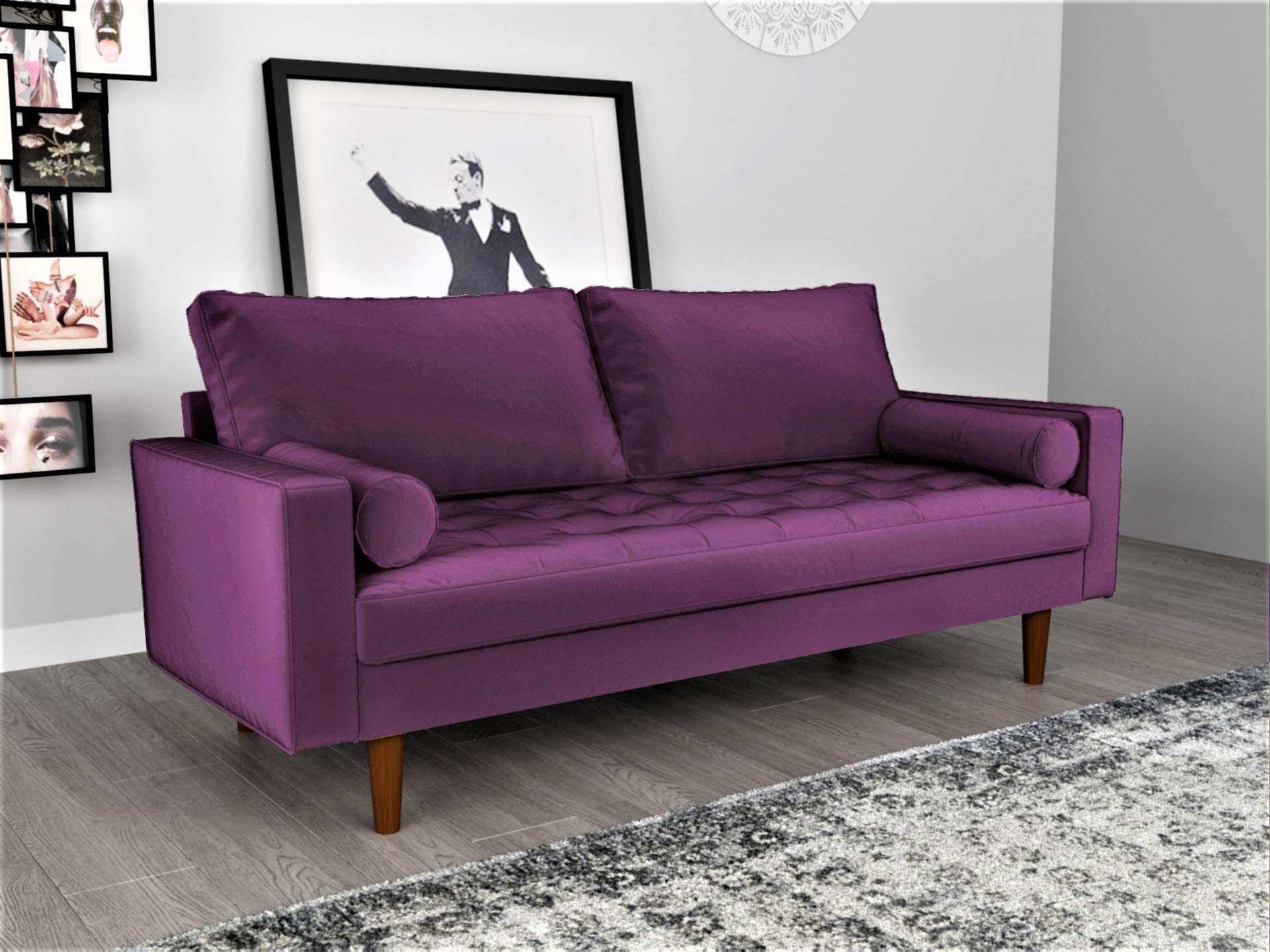 Womble Mid Century Modern Sofa - Soft Velvet Upholstered Tufted Seat with Bolster Pillows, Purple Couch for Living Room, Lounge & Home Decor