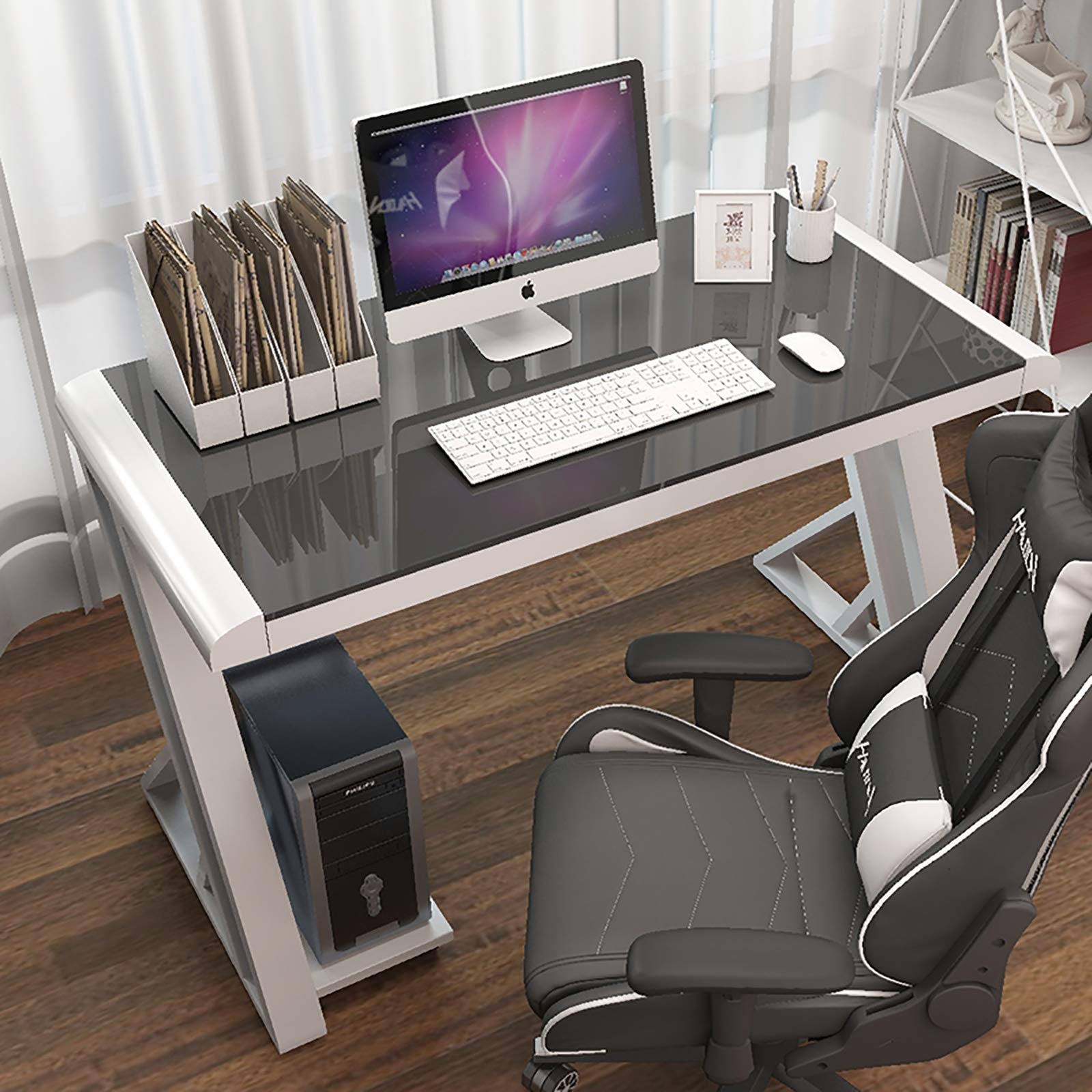 Premium Glass Top & Metal Frame Computer Desk - Ergonomic Gaming & Home Office Workstation for E-Sports, Racing Style Design - Perfect for Gaming Setup, Remote Work & Study Spaces