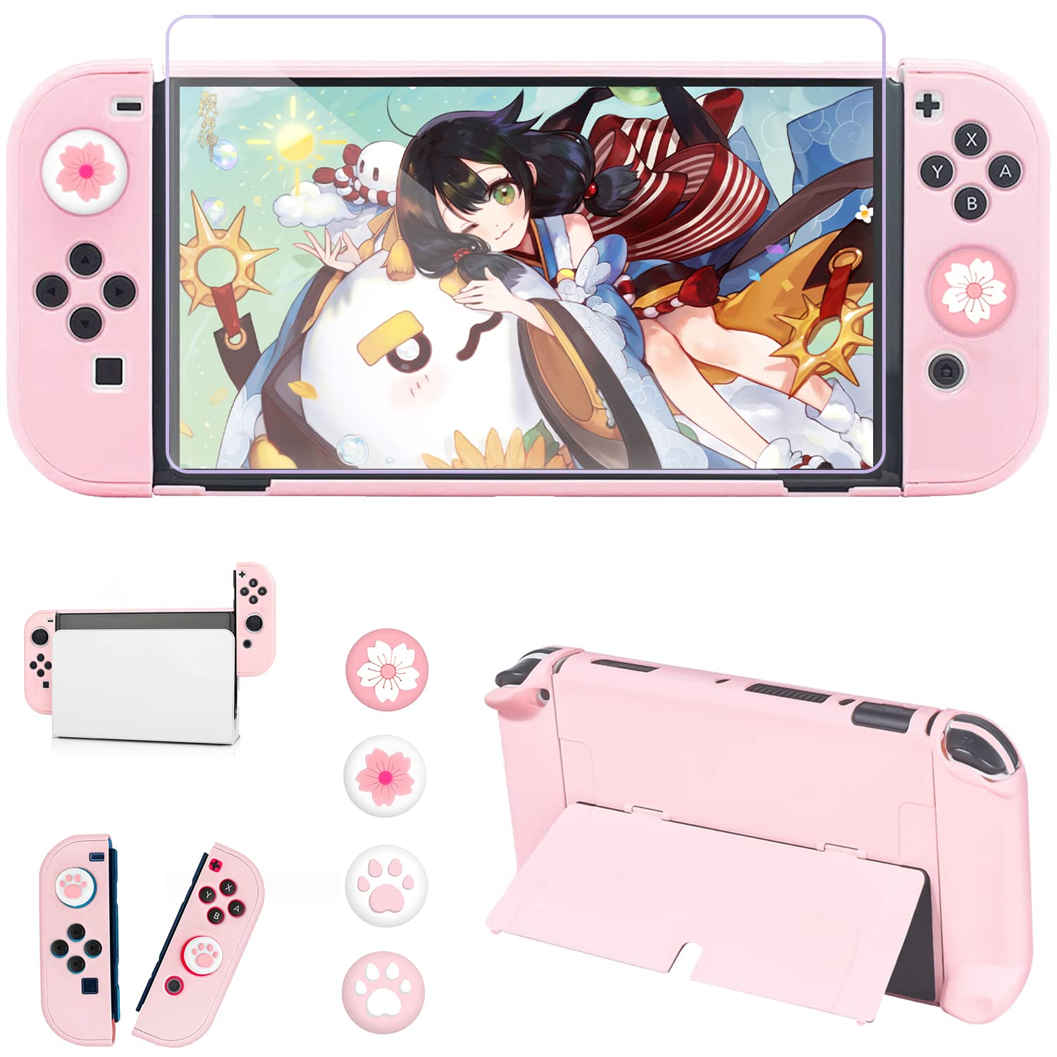 OLDZHU 10-in-1 Pink Travel Case Kit for Nintendo Switch OLED - Includes Protective Hard Shell, Screen Protector, Adjustable Stand & 4 Grip Covers | Portable Gaming Accessories for Commuting, Travel & Home Use