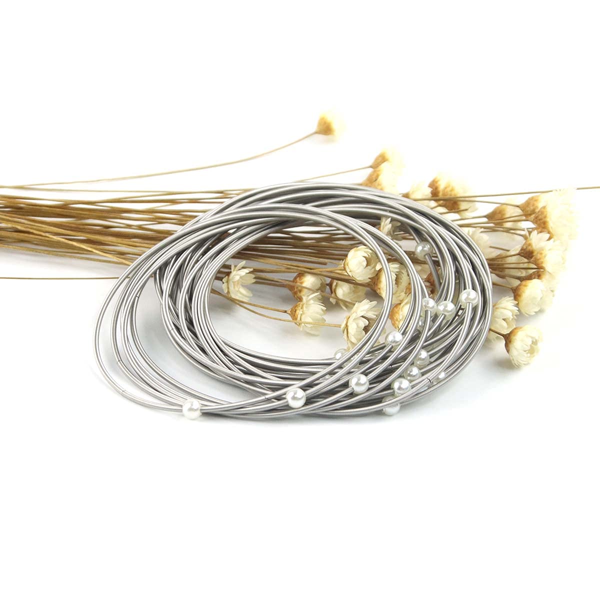 40 Pack Stainless Steel Guitar String Coil Bracelets - 4mm White Pearl Layered Stackable Bangles for Women, Flexible Adjustable Wristbands for Music Lovers, Boho Fashion Jewelry Gift for Concerts & Festivals