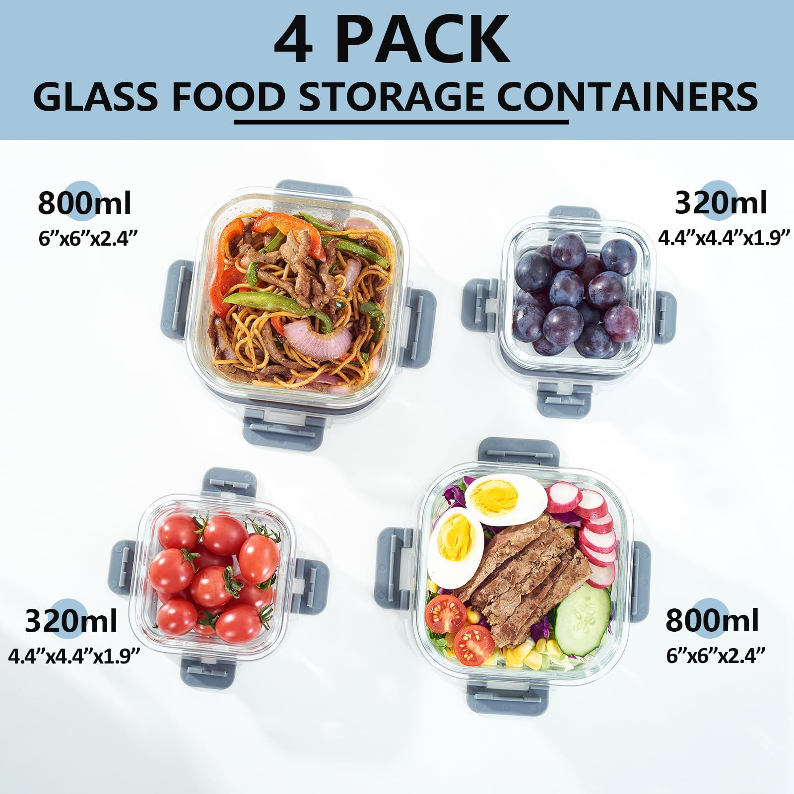 Premium 4-Pack Glass Food Storage Containers with Airtight Lids - Shatterproof & Leakproof for Oven, Microwave & Dishwasher Safe - Ideal for Meal Prep, Leftovers & Pantry Organization (Grey)