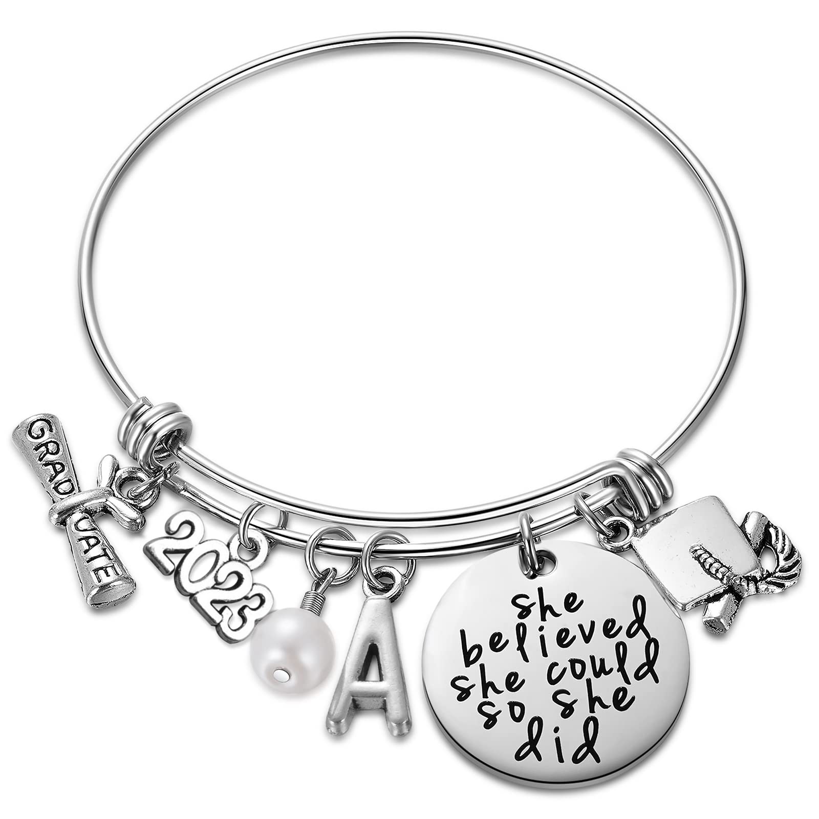 Ukodnus 2023 Graduation Gift Bracelet for Women - Inspirational Senior Graduate Jewelry with 26 Initial Charms - Perfect College & High School Graduation Present for Her - Ideal for Commencement Ceremonies, Parties & Year-End Celebrations