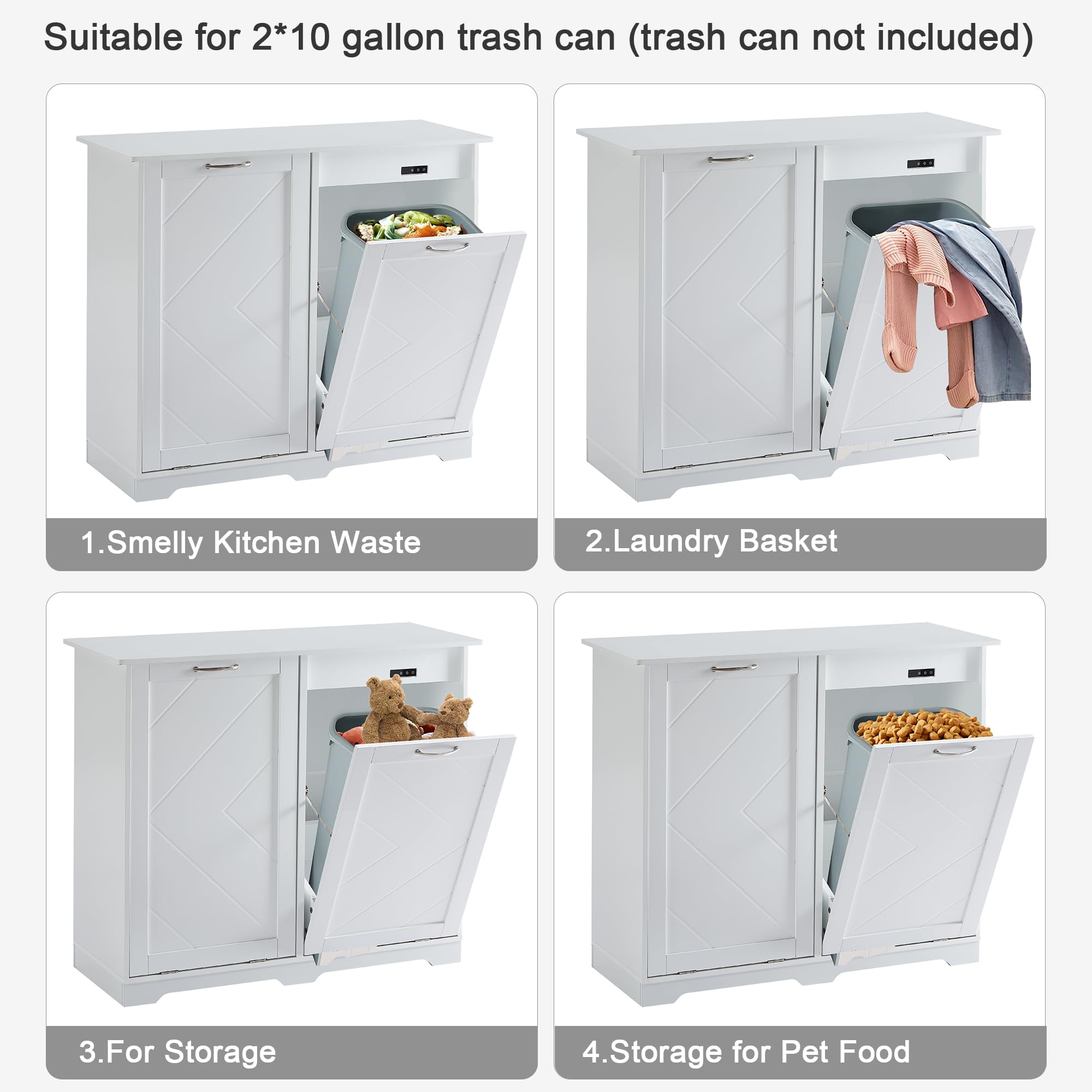 VECELO Double Tilt-Out Kitchen Trash Bin Cabinet - Dog Proof Garbage Can with Wood Holder, Free Standing Recycling Bin for Kitchen, Bathroom, Office - White