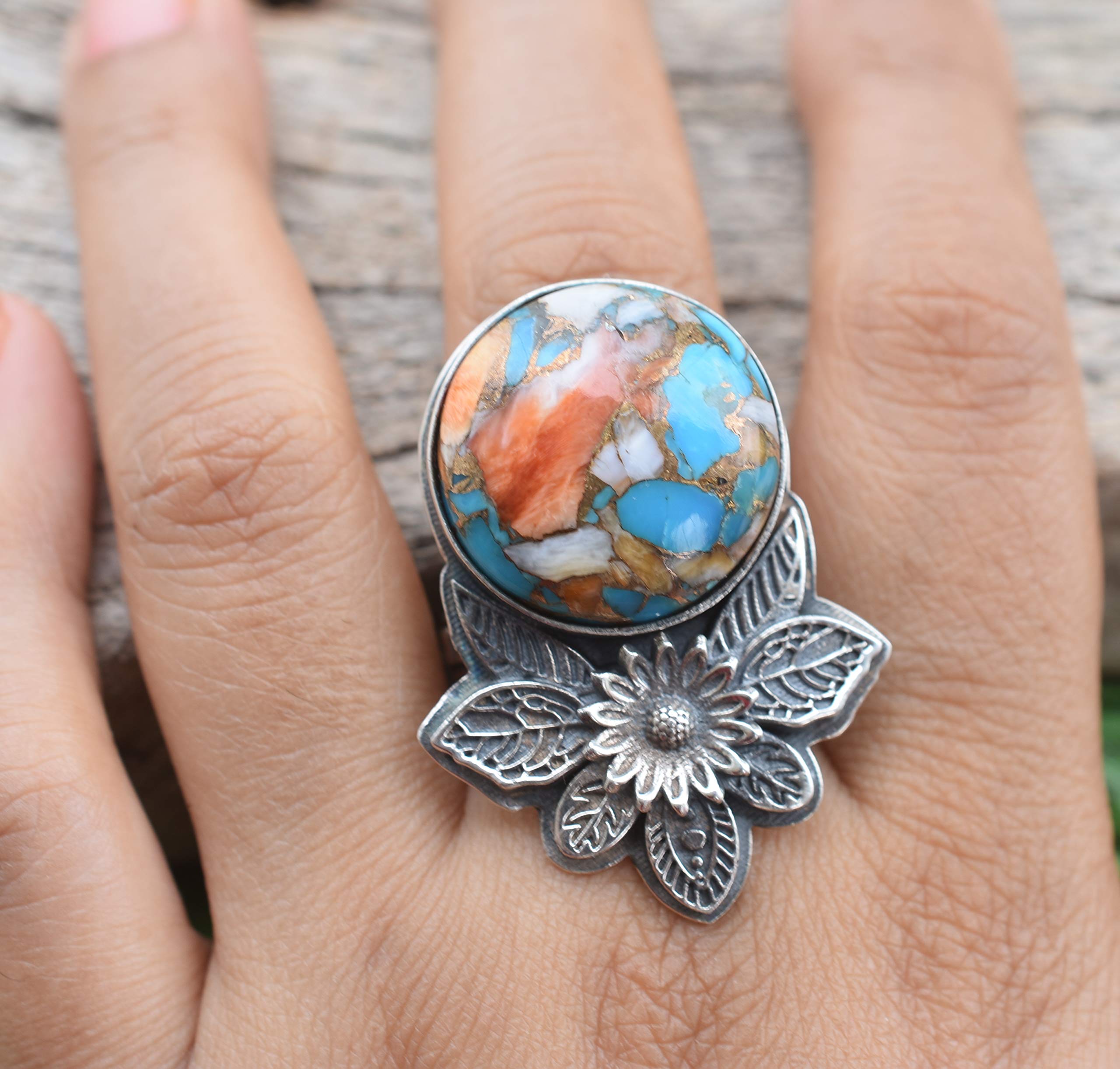 Vintage Oyster Copper Turquoise 925 Sterling Silver Ring - Handmade Boho Jewelry - Unique Hippie & Birthstone Ring - Perfect Birthday Gift for Women - TQ-07 | Ideal for Casual Wear, Festivals & Special Occasions