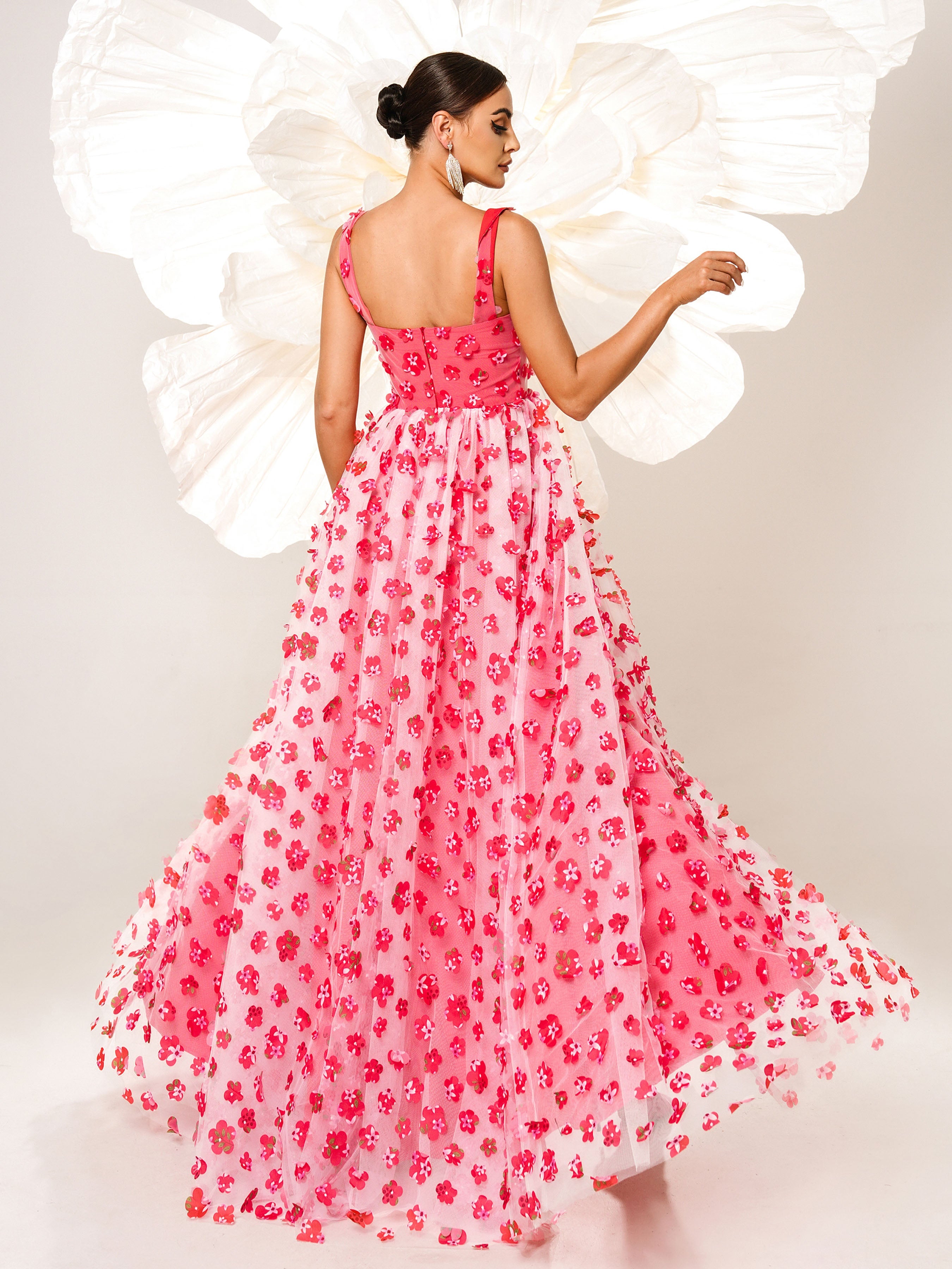 Elegant Appliqued Pink Camisole Floral Tulle Dress for Women - Perfect for Weddings, Parties & Special Occasions