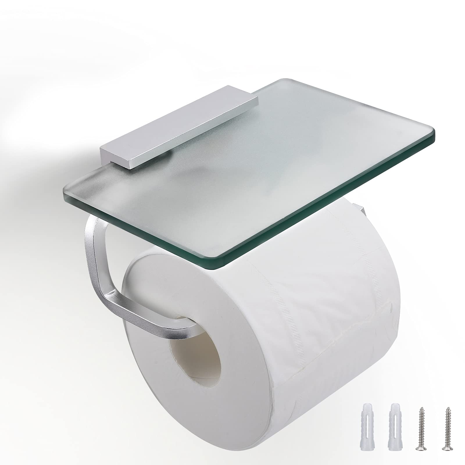 Premium Stainless Steel Toilet Paper Holder with Shelf & Phone Storage - Frosted Silvery Bathroom Tissue Roll Holder - Space-Saving Design for Small Bathrooms, Powder Rooms & RVs