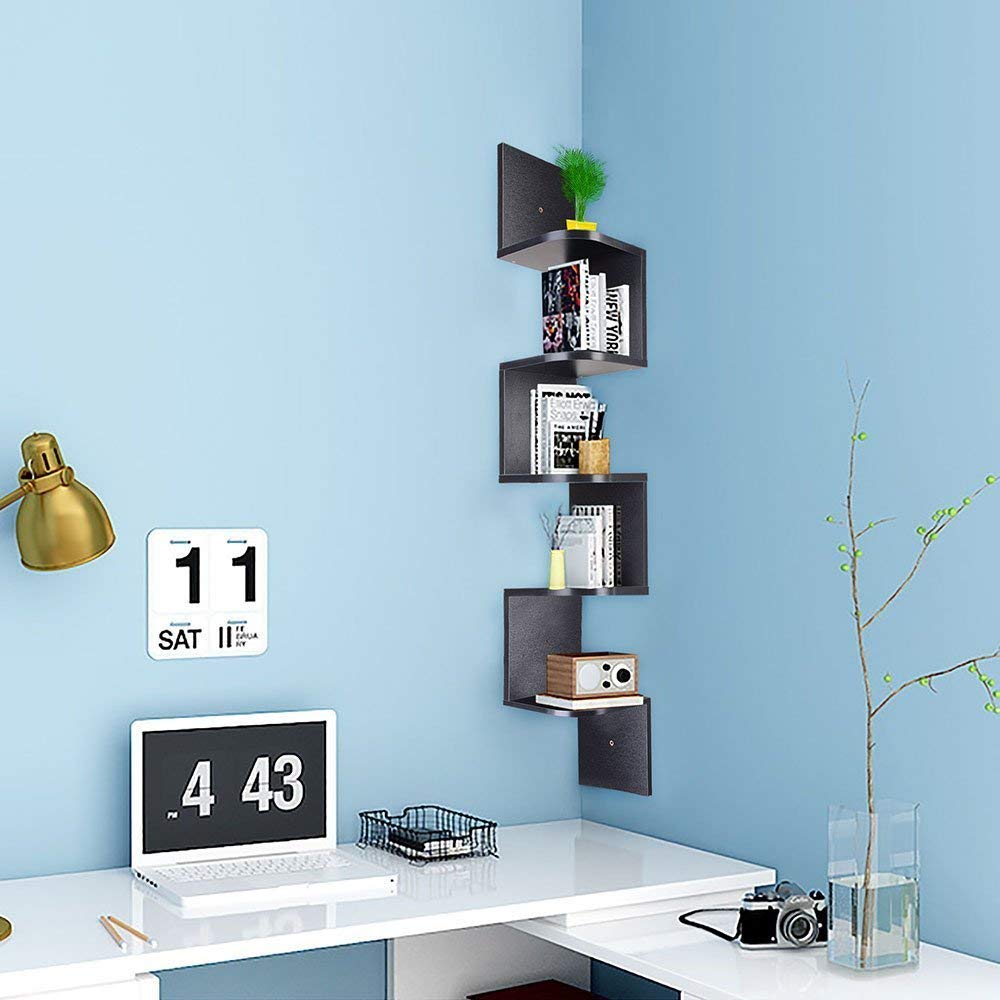 5-Tier Zig Zag Wooden Wall Shelf - Black Corner Mounted Storage Rack for Bedroom, Bathroom, Living Room & Kitchen | Space-Saving Home Furniture for Books, Plants & Decor
