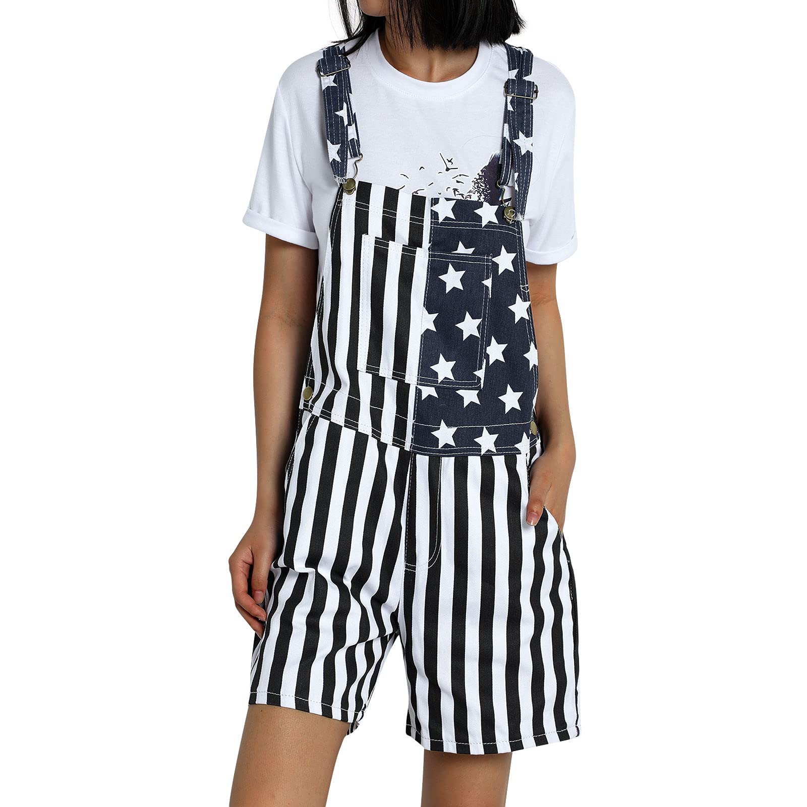 American Flag Denim Overalls Shorts - Adjustable Strap Bib Romper Jumpsuit for Men & Women | Casual Summer Outfit, Workwear & Patriotic Style