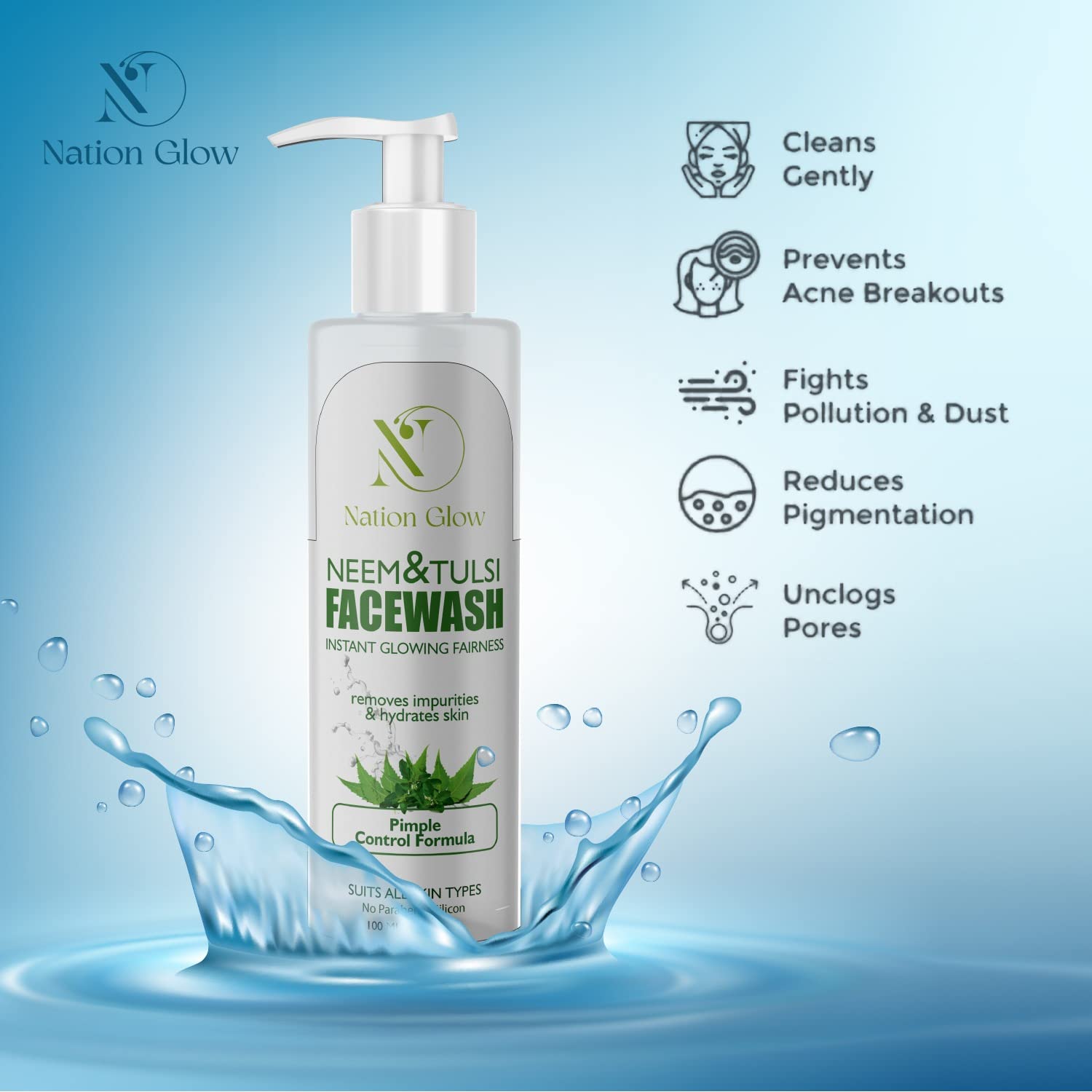 Neem & Tulsi Pimple Control Face Wash for Acne-Prone Skin - Prevents Breakouts, Removes Excess Oil, Cleanses Pores & Fades Pigmentation - Paraben & Sulfate Free - 100ml (Pack of 2) - Perfect for Daily Skincare Routine & Oily Skin Treatment
