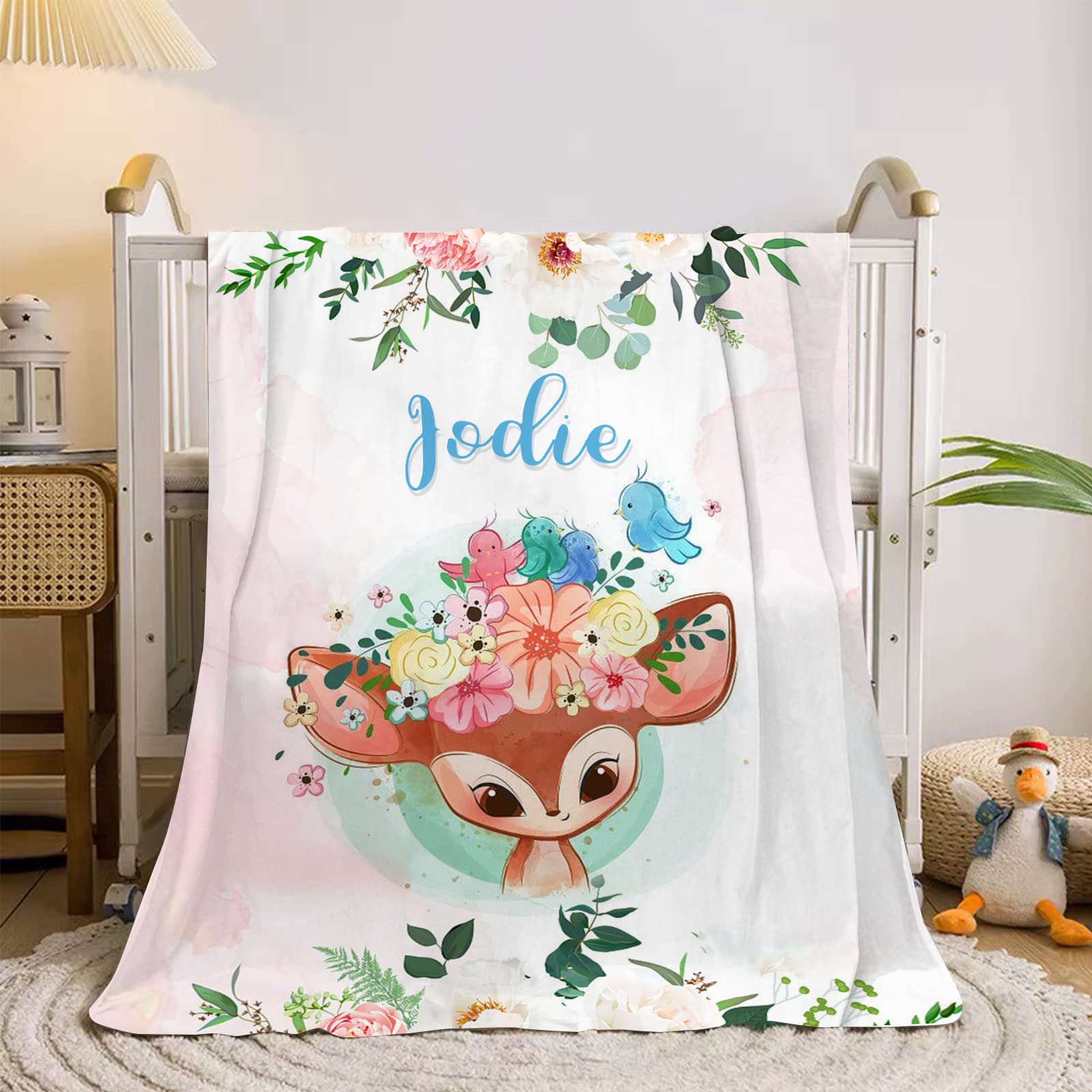 Personalized Baby Blanket for Girls - Custom Name Embroidered Soft Plush Fleece Blanket with Deer & Pink Flowers - 32