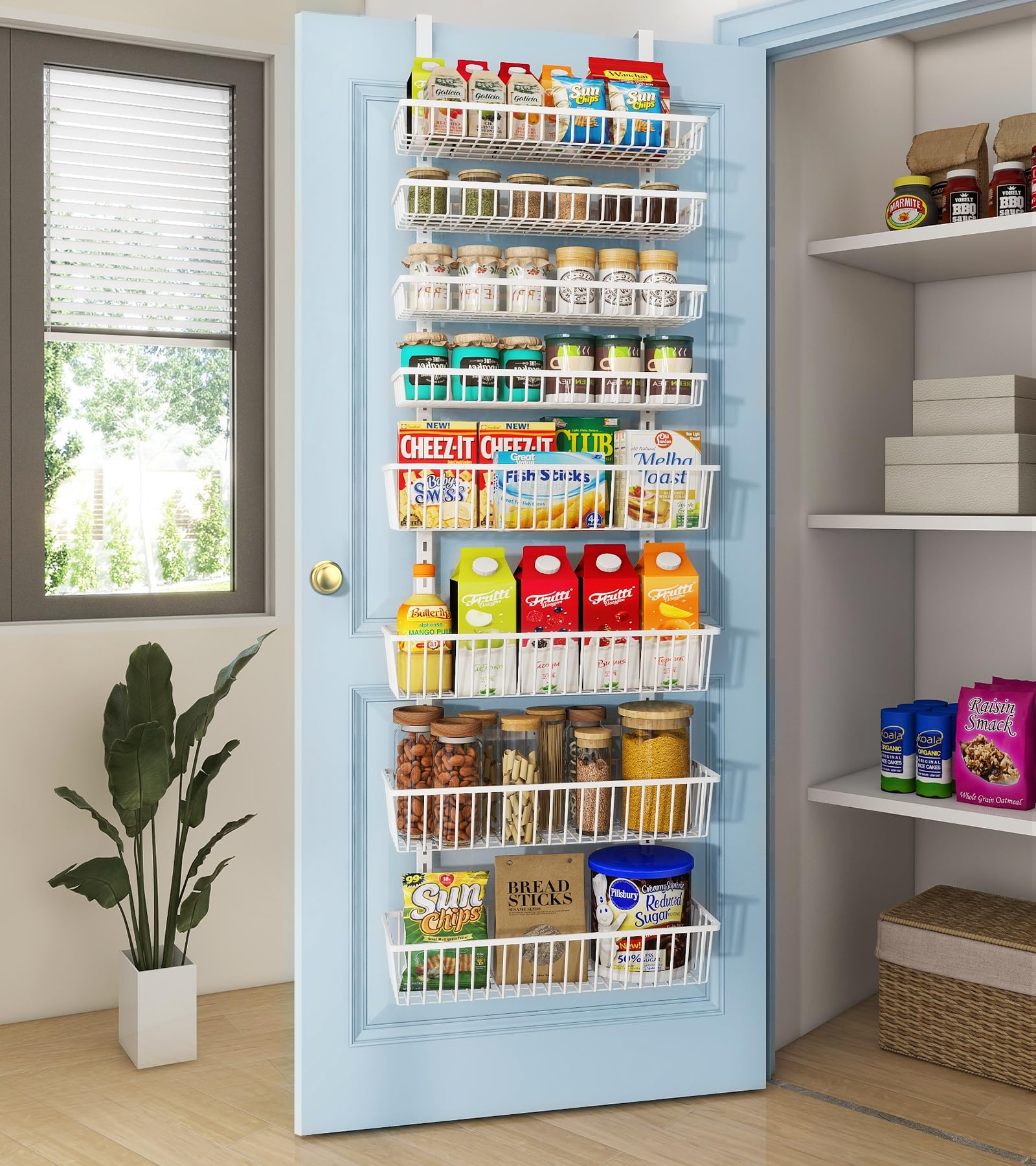 8-Tier Over The Door Pantry Organizer - Heavy-Duty Metal Hanging Storage Baskets for Spices, Seasonings & Kitchen Essentials - Space-Saving Wall Mount Shelves for Pantry, Laundry Room & Bathroom Organization (White) - Perfect for Small Spaces & Clutter-Free Home Storage