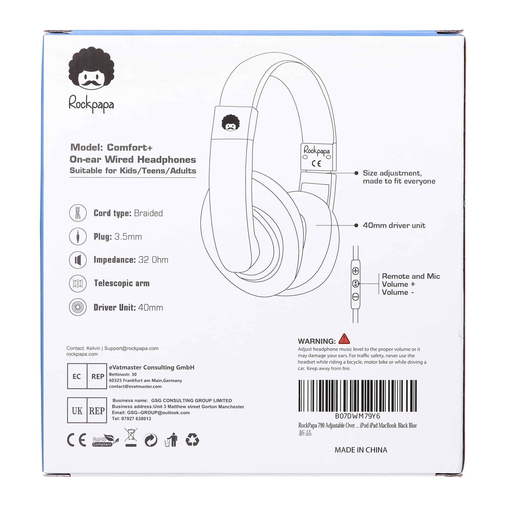 Rockpapa Comfort+ Kids Headphones with Microphone - Over-Ear Wired Headphones for Boys & Girls, Students - Compatible with School, Classroom, Laptop, PC, Computer & Tablet (Black/Blue) - Perfect for Online Learning, Homeschooling & Remote Classes