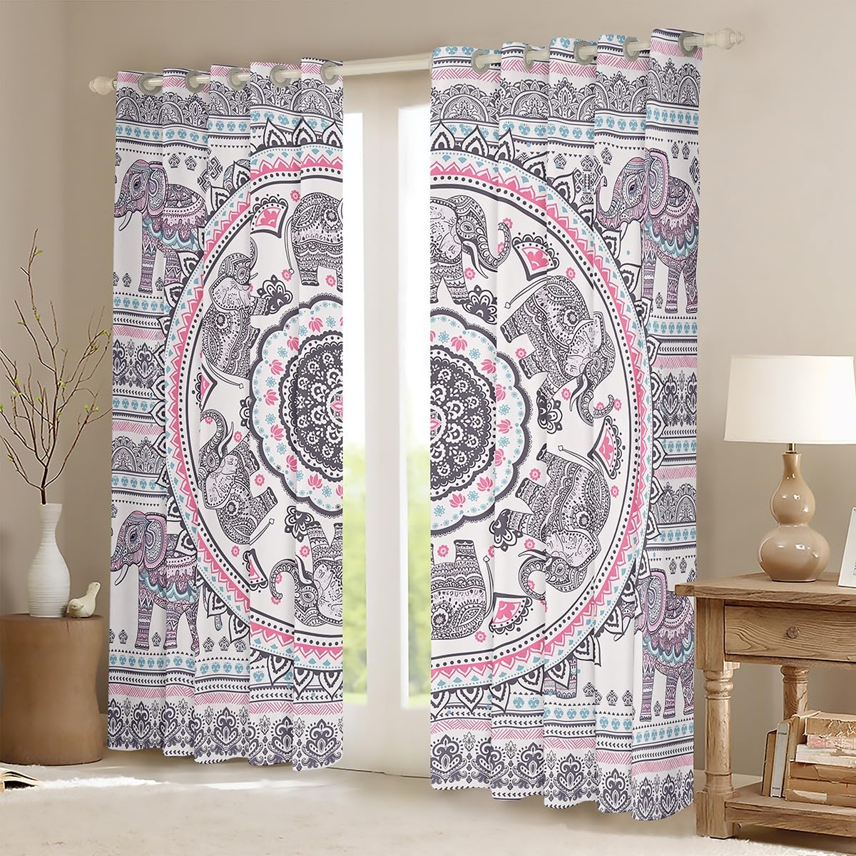 Bohemian Elephant Print Kids Curtains for Boys & Girls Room Decor - Mandala Elephant Window Drapes with Grommet Top (2 Panels, 52x90 Inches) - Perfect for Nursery, Bedroom & Playroom Decor