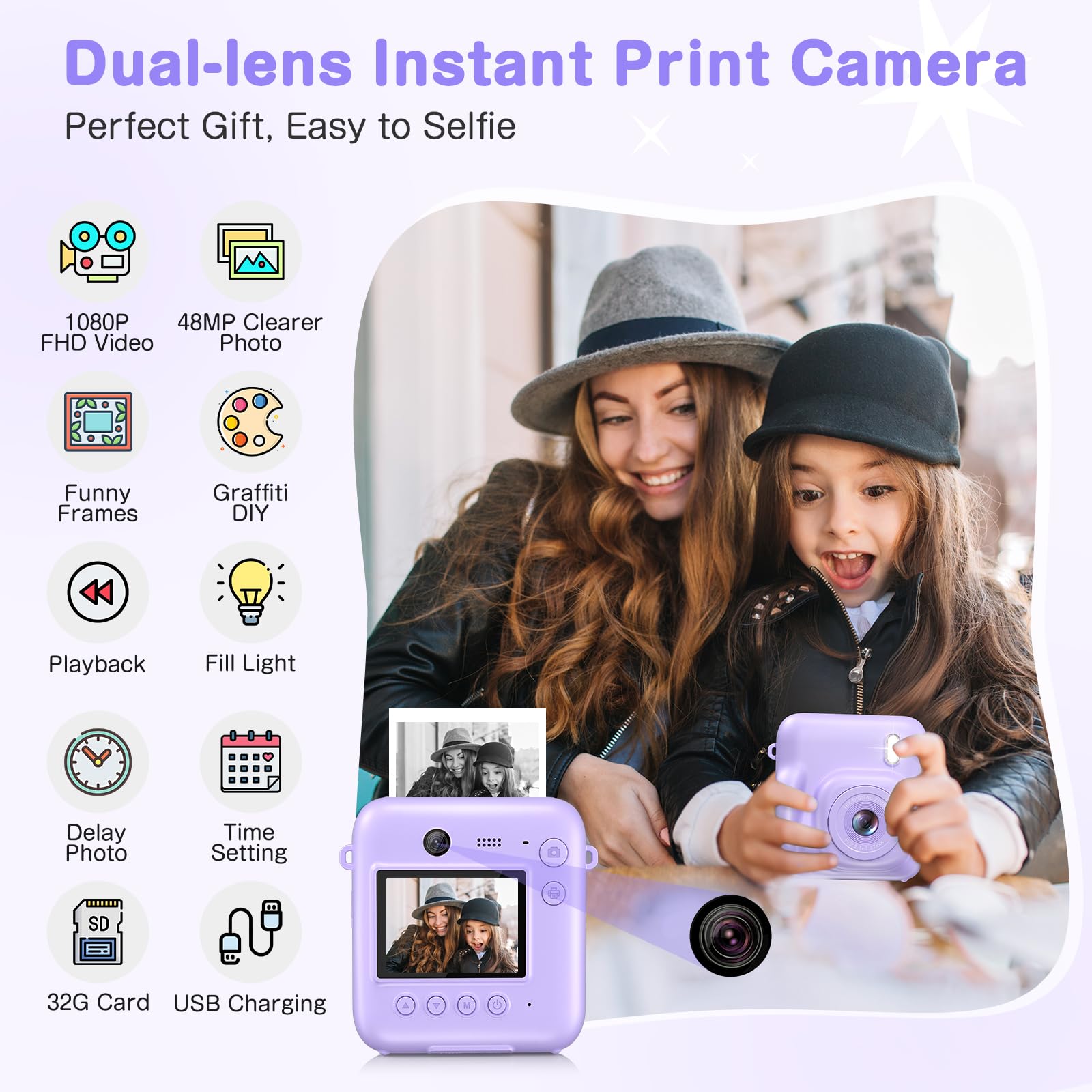 **48MP Kids Instant Print Camera with Dual Lens - 1080P Selfie Digital Camera for Boys & Girls, Includes 32GB Card - Perfect Christmas & Birthday Gift (Purple) - Fun for Travel, Parties & Creative Play**