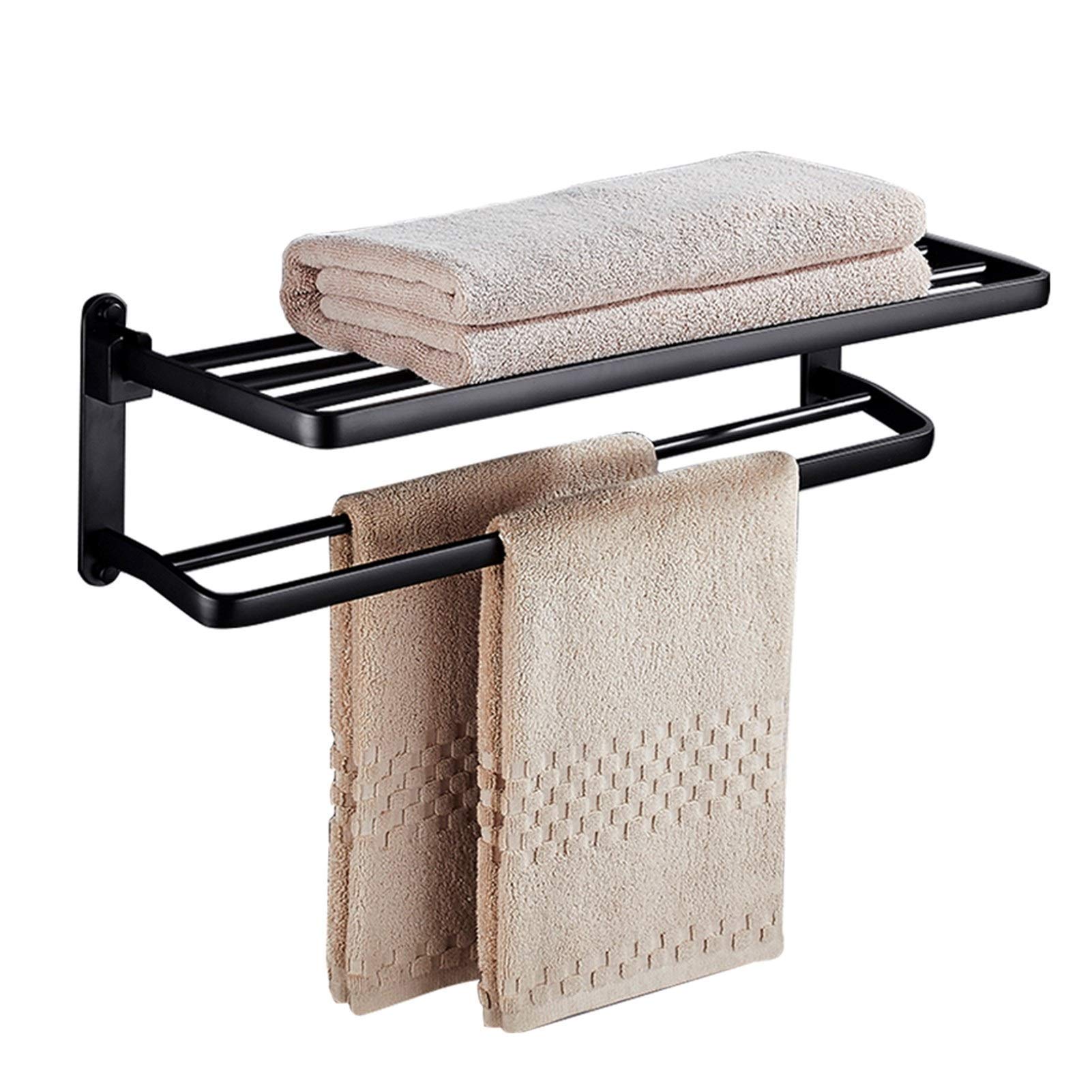 MSHAHO Stainless Steel Black Double Layer Wall Mounted Towel Rack with Hooks - 60Cm Bathroom & Kitchen Organizer for Hotels, Apartments & Home Use - Perfect for Hanging Towels, Robes & Utensils