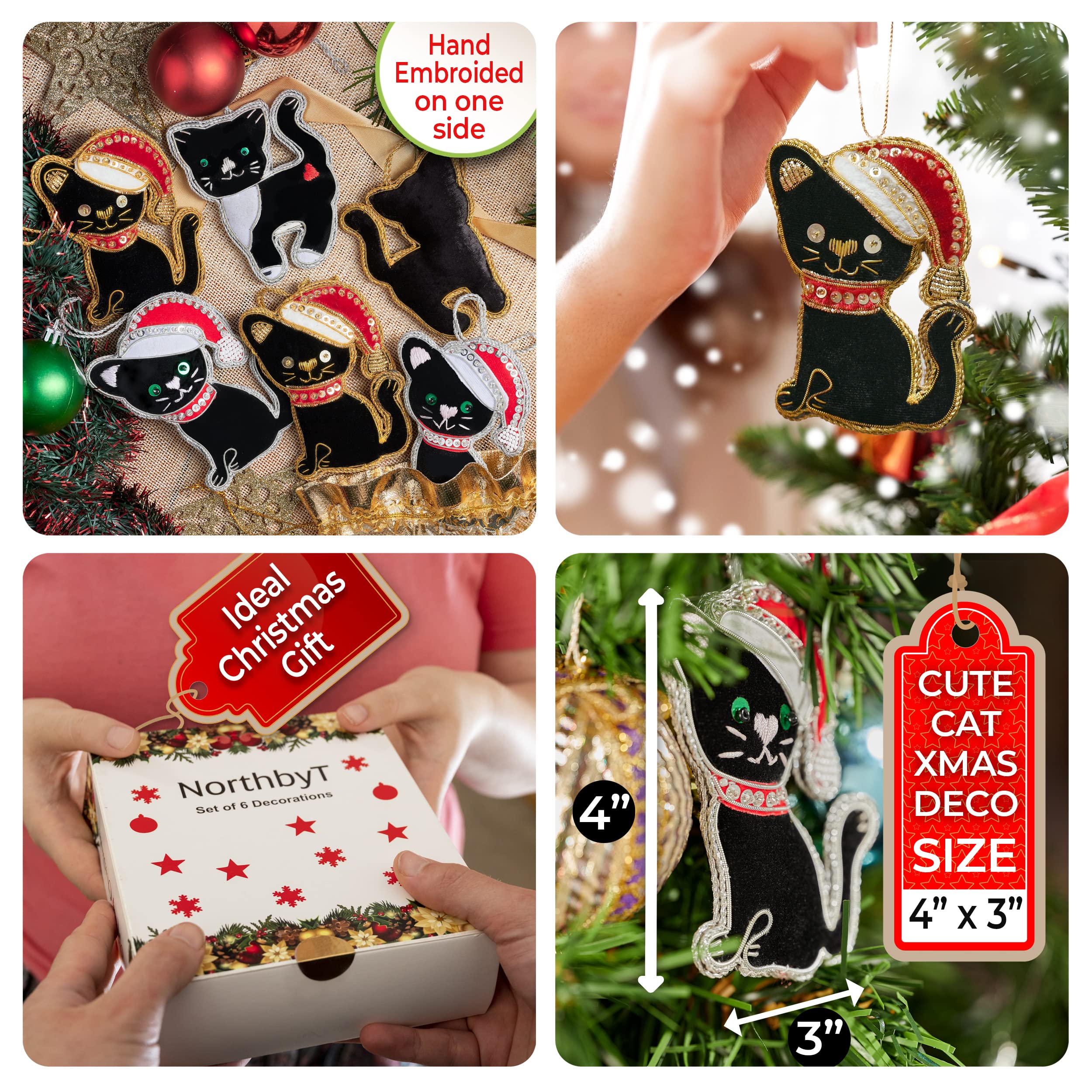 Handmade Black Cat Christmas Ornaments Set of 6 - Unique Cat Lover Gifts for Holiday Tree Decorations - Perfect for Christmas Decor, Cat Themed Parties & Festive Home Decorating