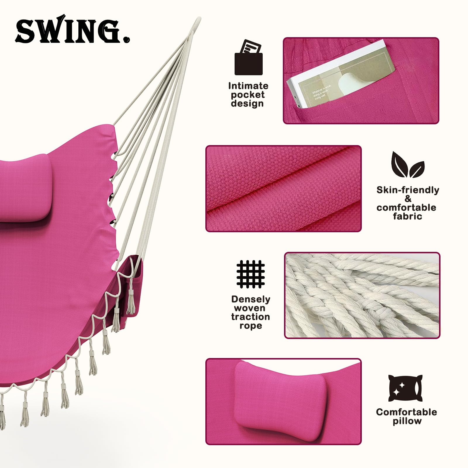 Premium Heavy-Duty Hammock Chair with Stand - 350lb Weight Capacity - Indoor/Outdoor Hanging Swing Chair (Pink) - Perfect for Patio, Garden, Balcony & Relaxation Spaces