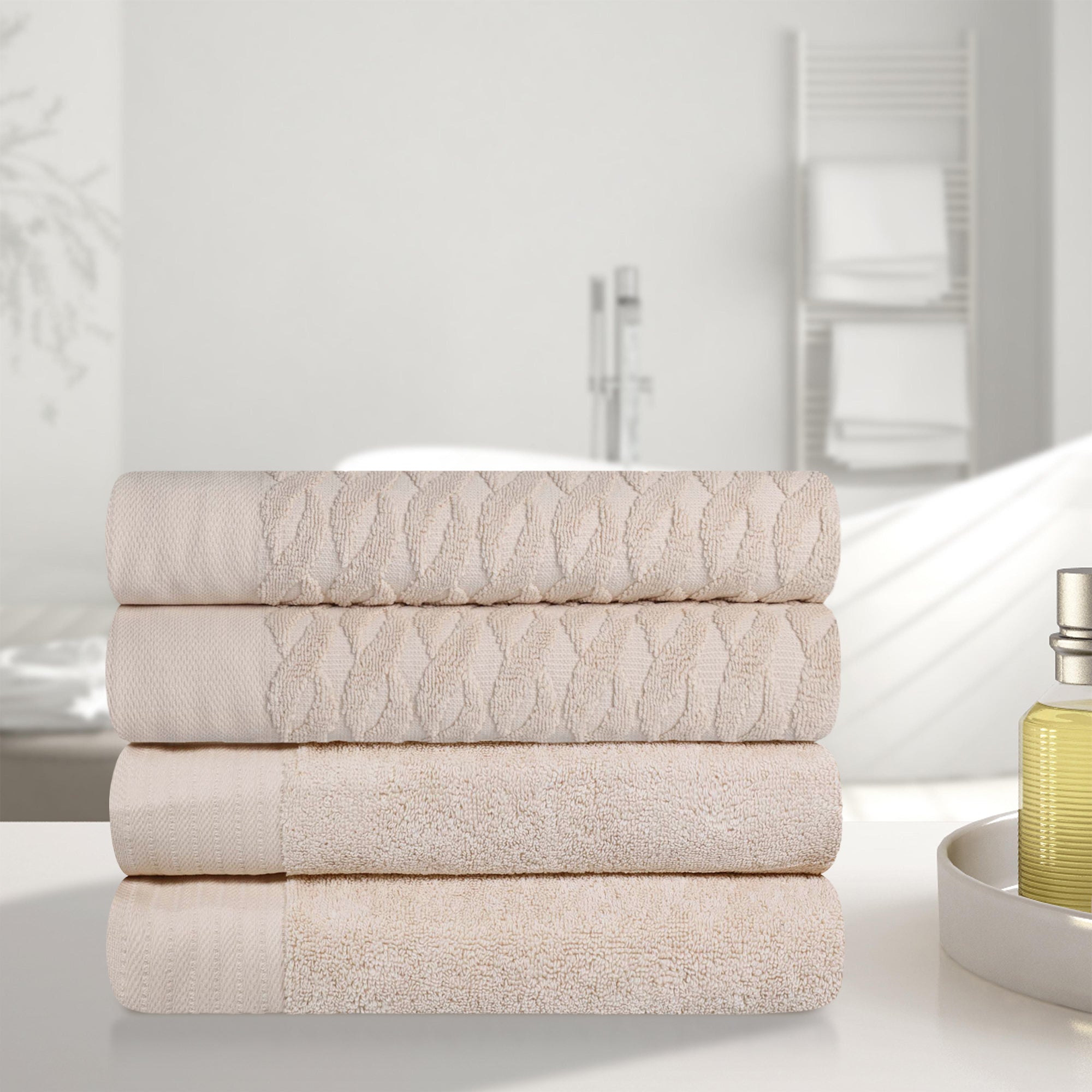 Premium Turkish Cotton Jacquard Herringbone & Solid 4-Piece Bath Towel Set - Ultra Soft & Absorbent Luxury Towels for Spa, Bathroom & Beach Use