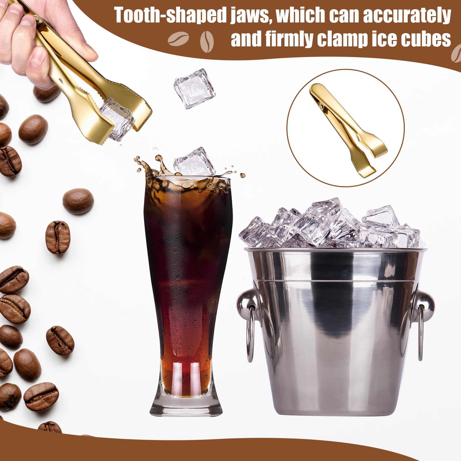 Stainless Steel Ice Tongs & Scoop Set - 4 Piece Kitchen Utensils with Teeth Shovel for Ice Cubes, Candy, Buffet - Gold Cocktail Whiskey Tea Party Serving Tools for Home Bar & Entertaining